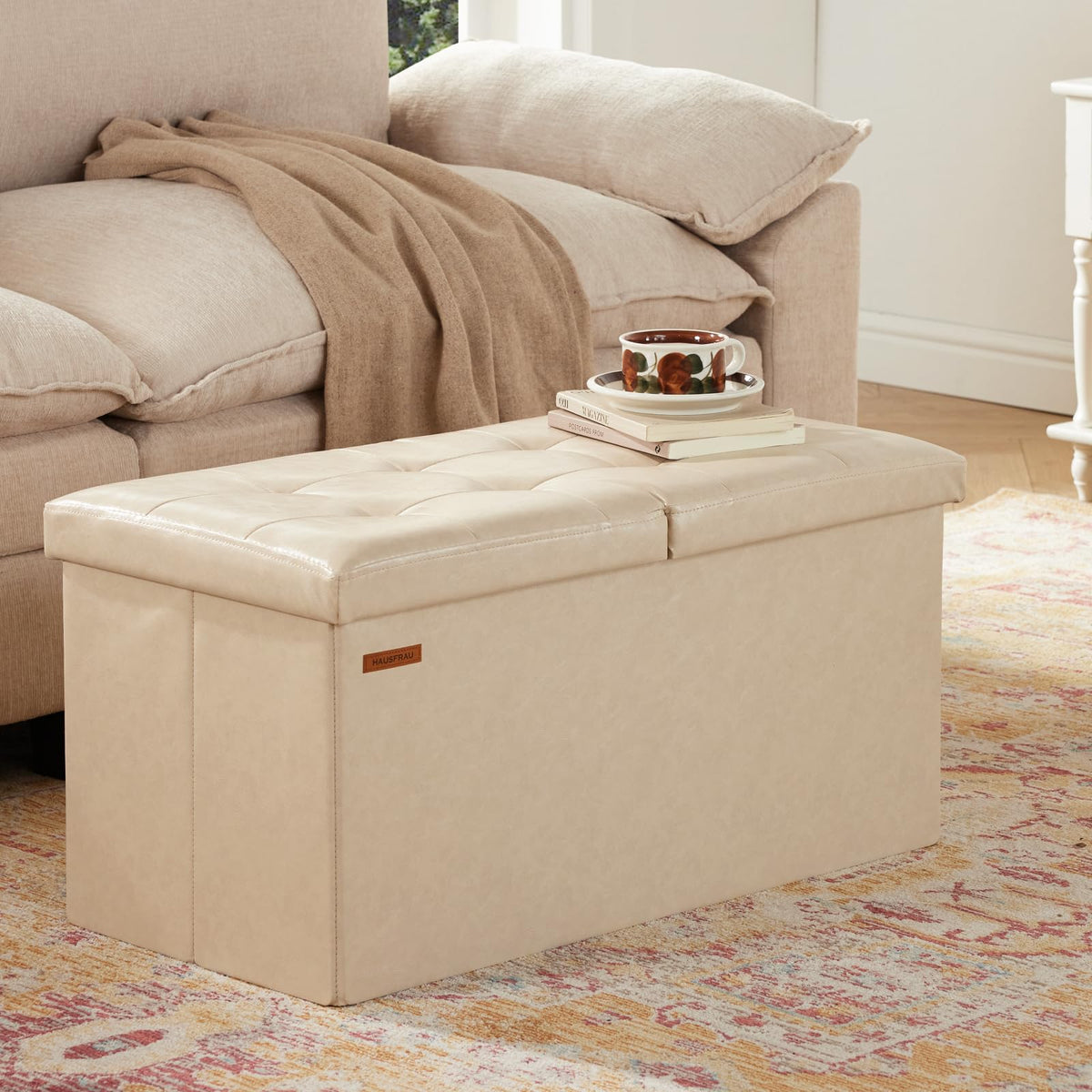 Ottoman with Storage Bench Folding Foot Rest Stool Ivory