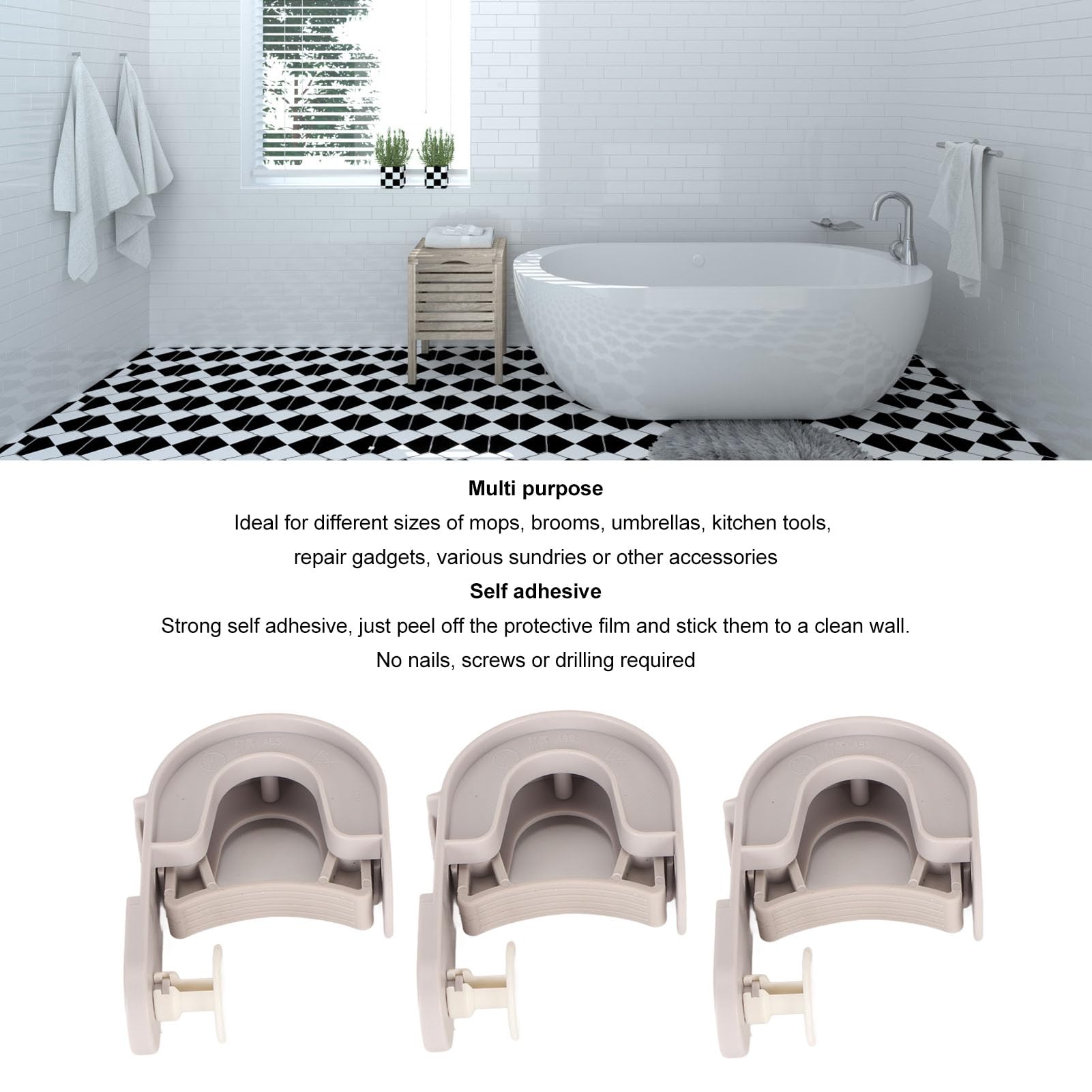 Broom Holder 3 PCS Wall Mount Mop Organizer Gripper