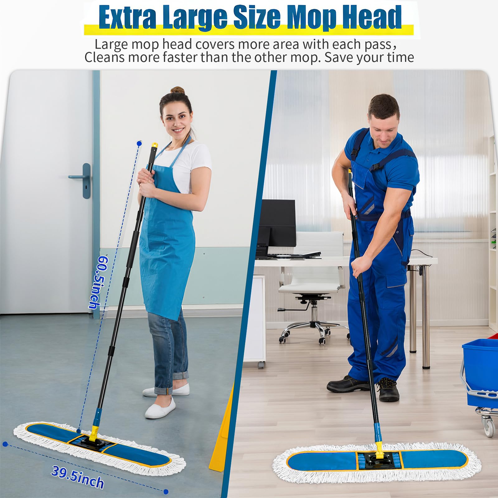 36" Commercial Dust Mop for Floor Cleaning with 2 Cotton Mop Pads (16 Ounce)