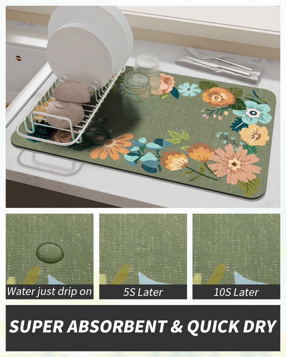 Coffee Mat Hide Stain Rubber Backed Absorbent Dish Drying Mat for Kitchen Counter