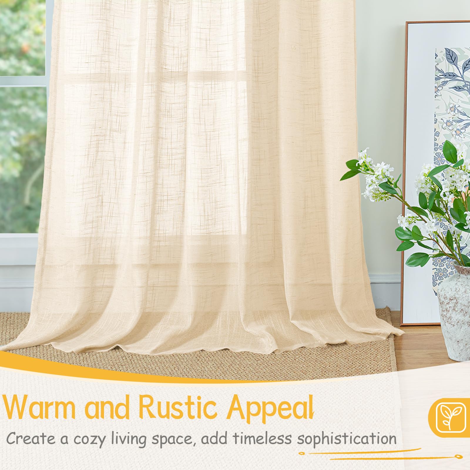 Linen Semi Sheer Curtains 72 Inch Length Cream Beige Drapes (2 Count)