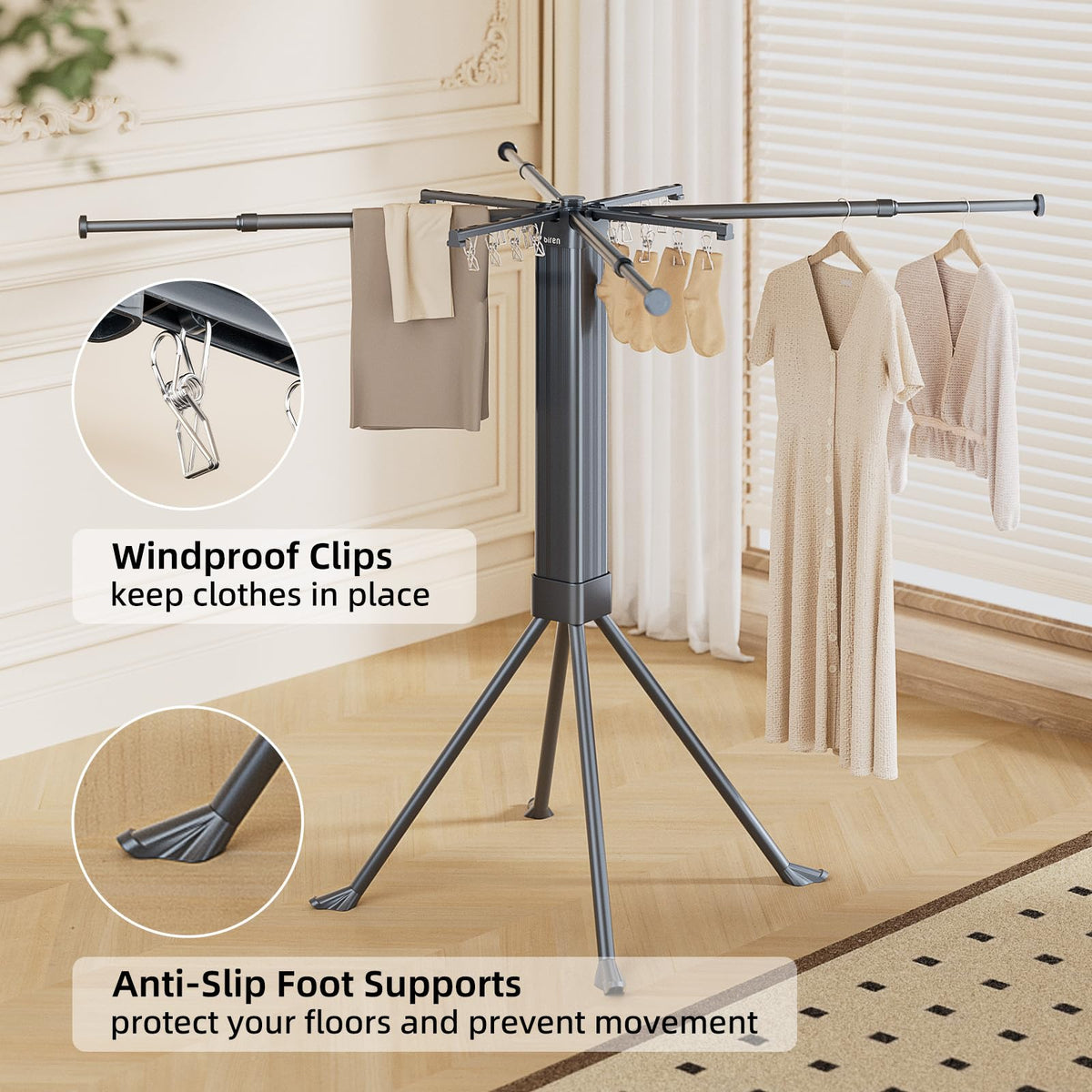 Clothes Drying Rack Foldable Extending Laundry Rack with 16 Clips Collapsible Clothing Rack Space