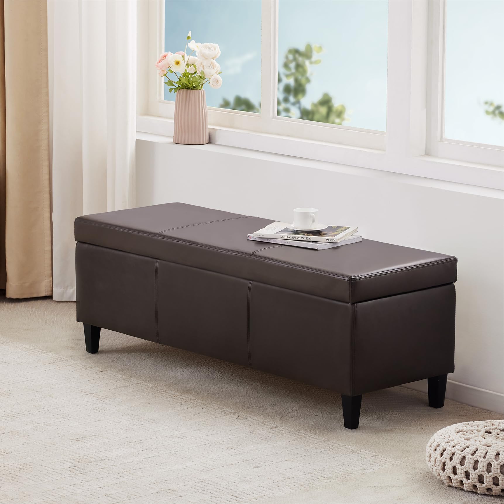 Faux Leather Storage Ottoman Bench 50.3 Inch Extra Long PU Upholstered Bedroom Bench with Large Storage Space for The Living Room