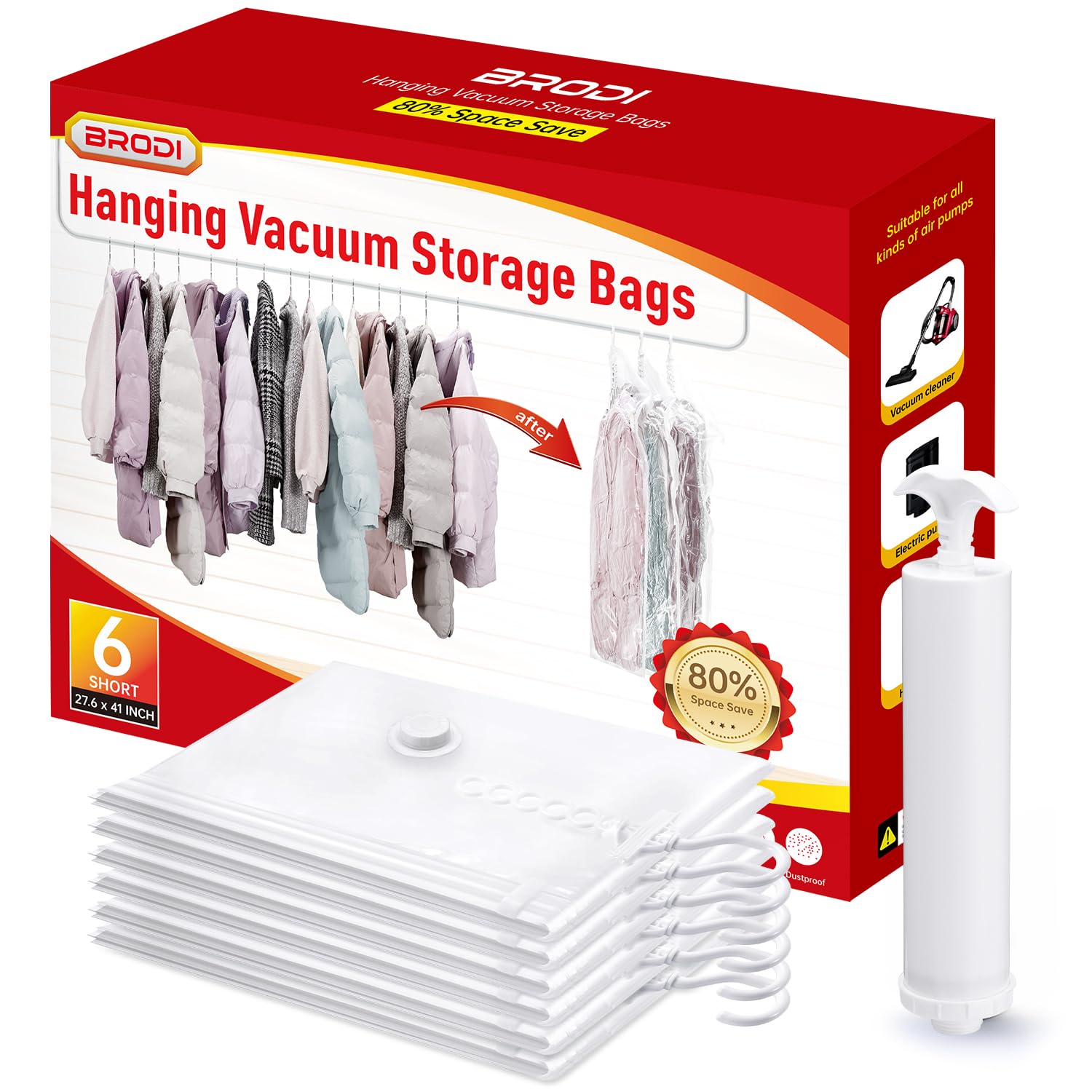 Hanging Vacuum Storage Bags For Clothes With Hand Pump (6 Count)