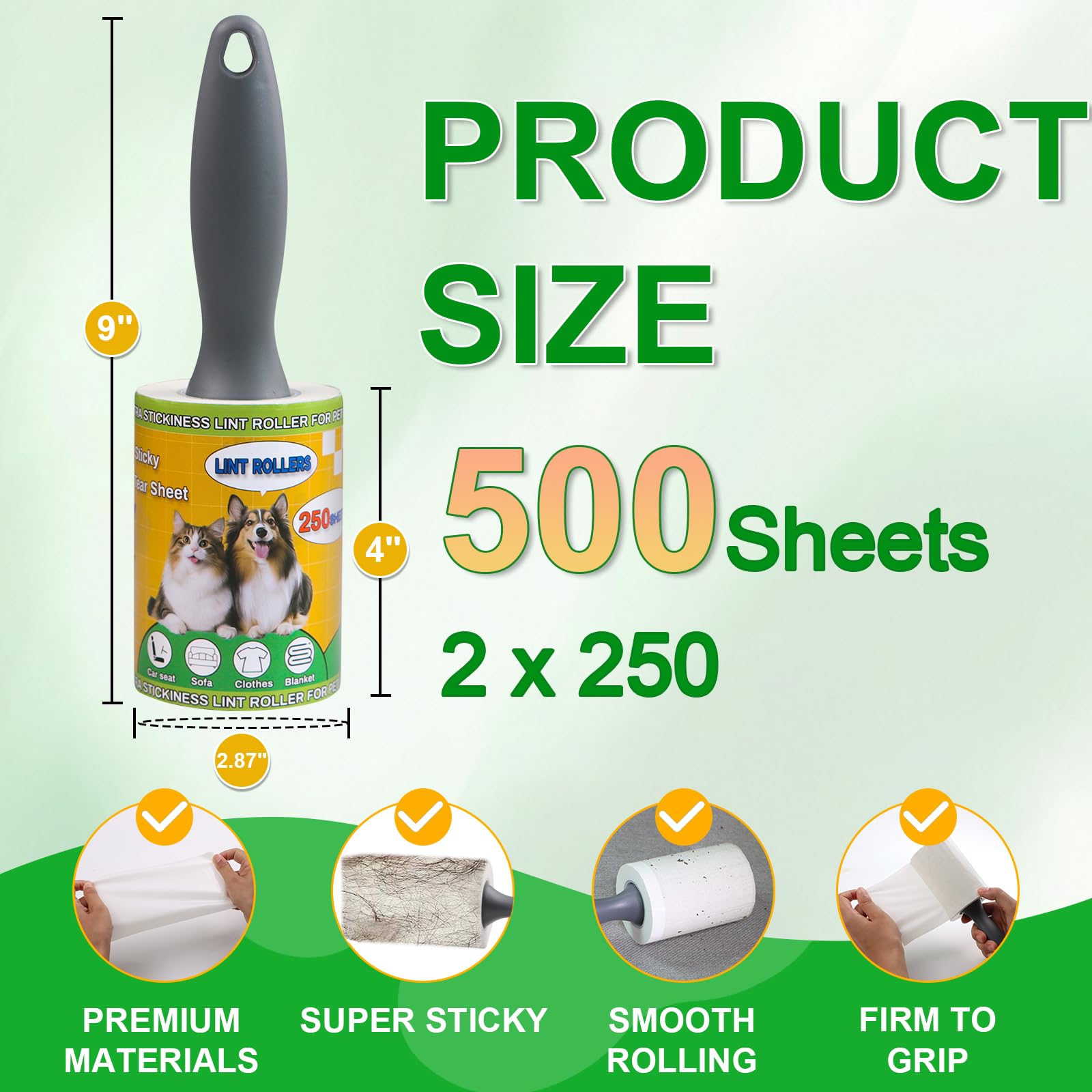 Lint Roller for Pet Hair 500 Sheets Extra Sticky Pet Hair Remover for Clothes Furniture Carpet Cleaner Cars Dogs Travel (500 Count)