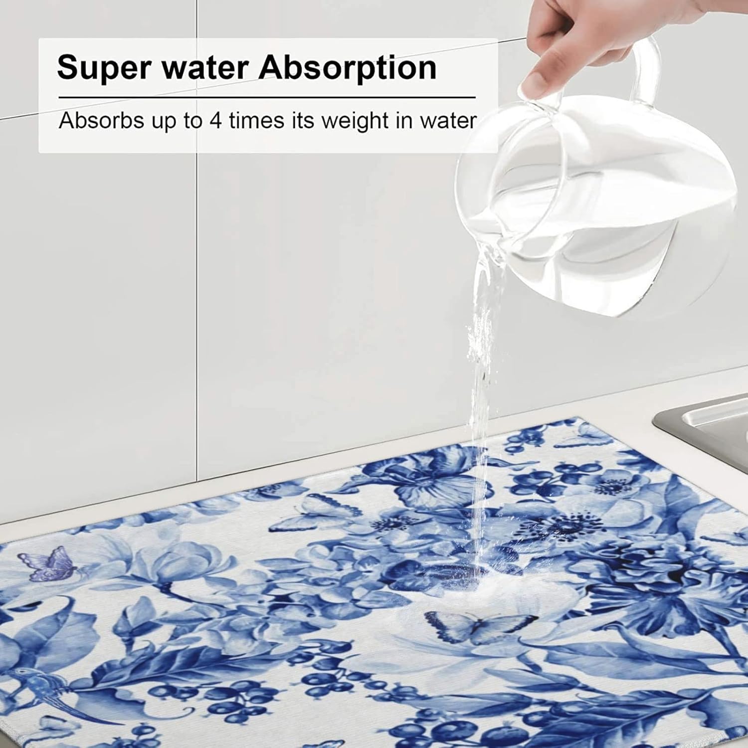 Chinoiserie Blue And White Floral Butterfly Dish Drying Mats For Kitchen Counter Microfiber Absorbent dish Mat Xl Reversible Drying Mats For Countertop 18 Inch X 24 Inch