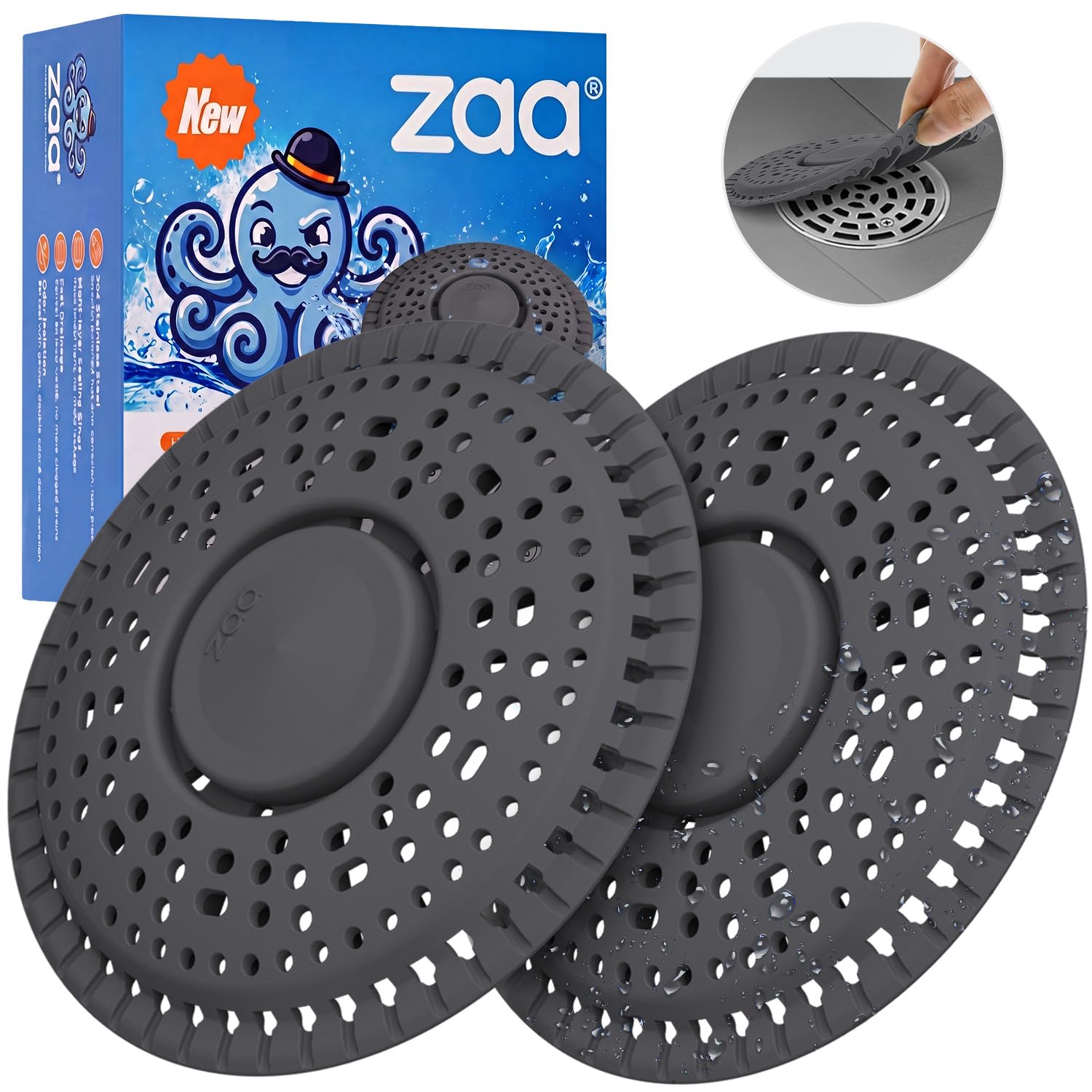 Shower Drain Hair Catcher Silicone Flat Floor Strainer Protector (2 Count)