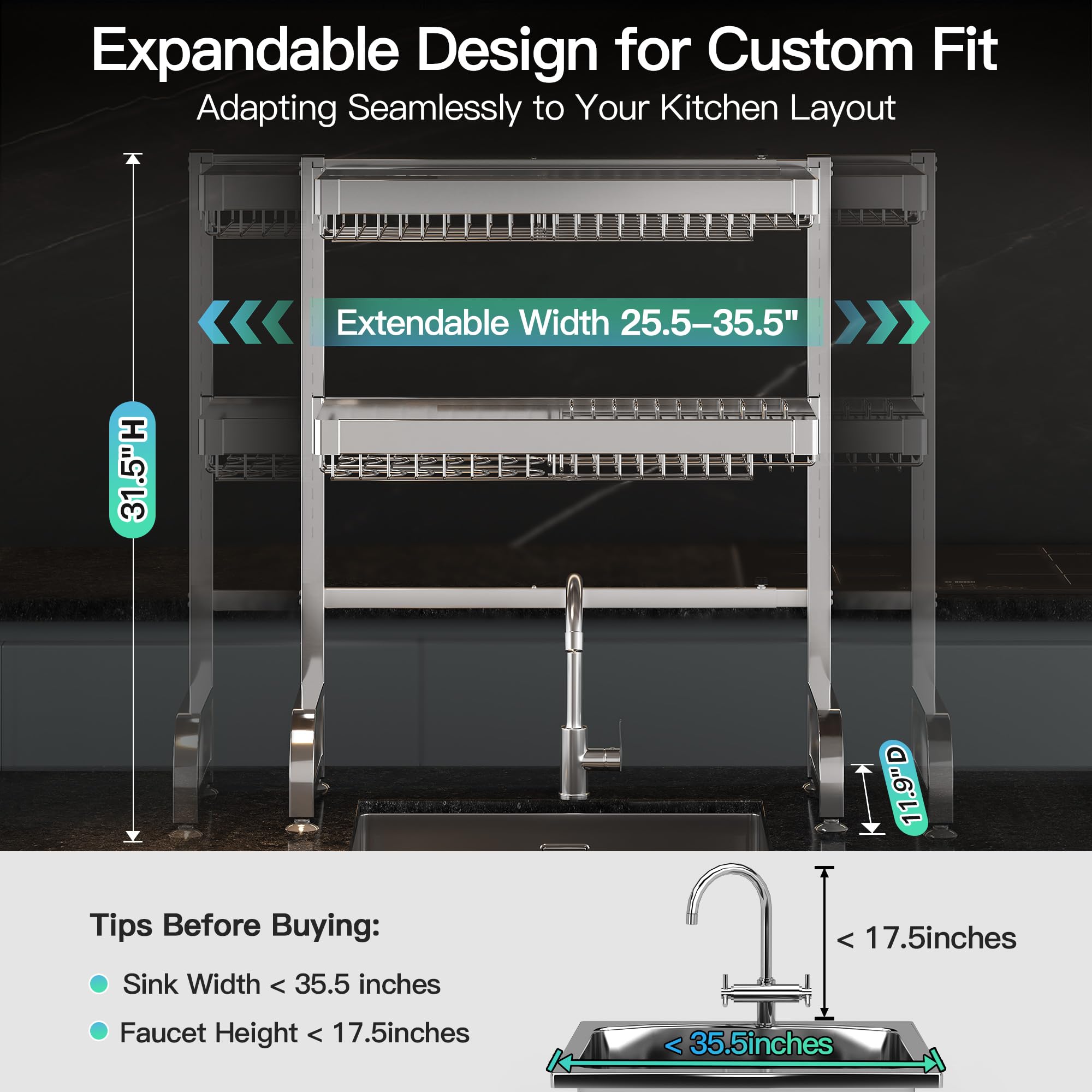 3 Tier Extra Large Stainless Steel Over The Sink Dish Drying Rack