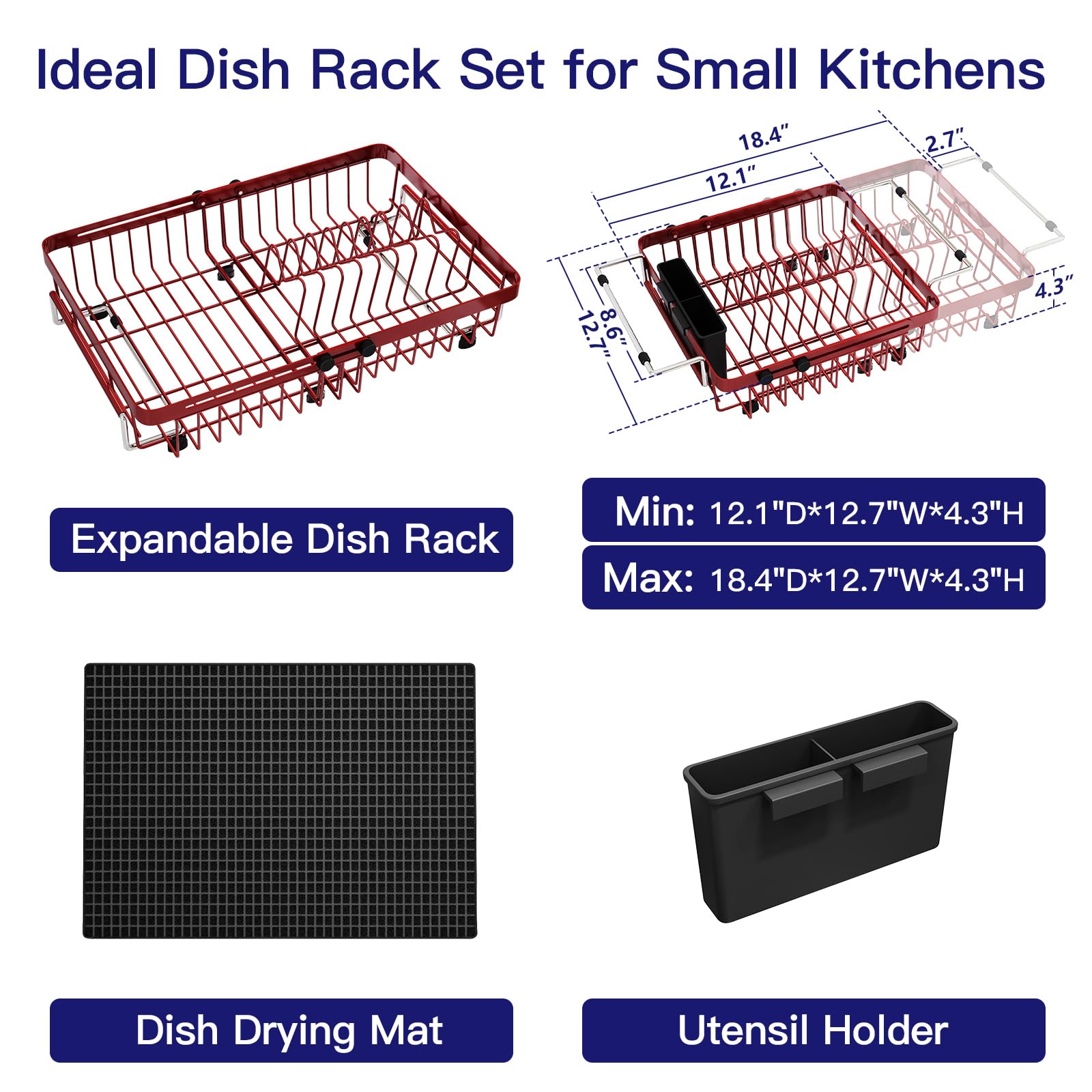 Red Dish Drying Rack Over The Sink with Utensil Holder
