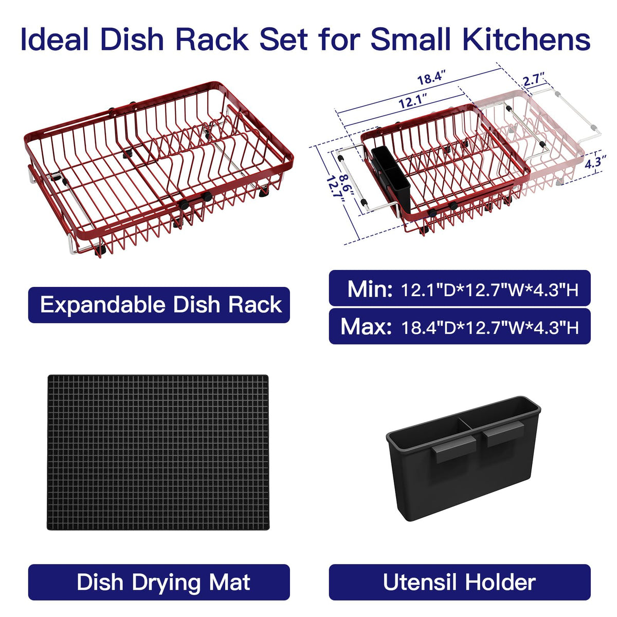 Red Dish Drying Rack Over The Sink with Utensil Holder