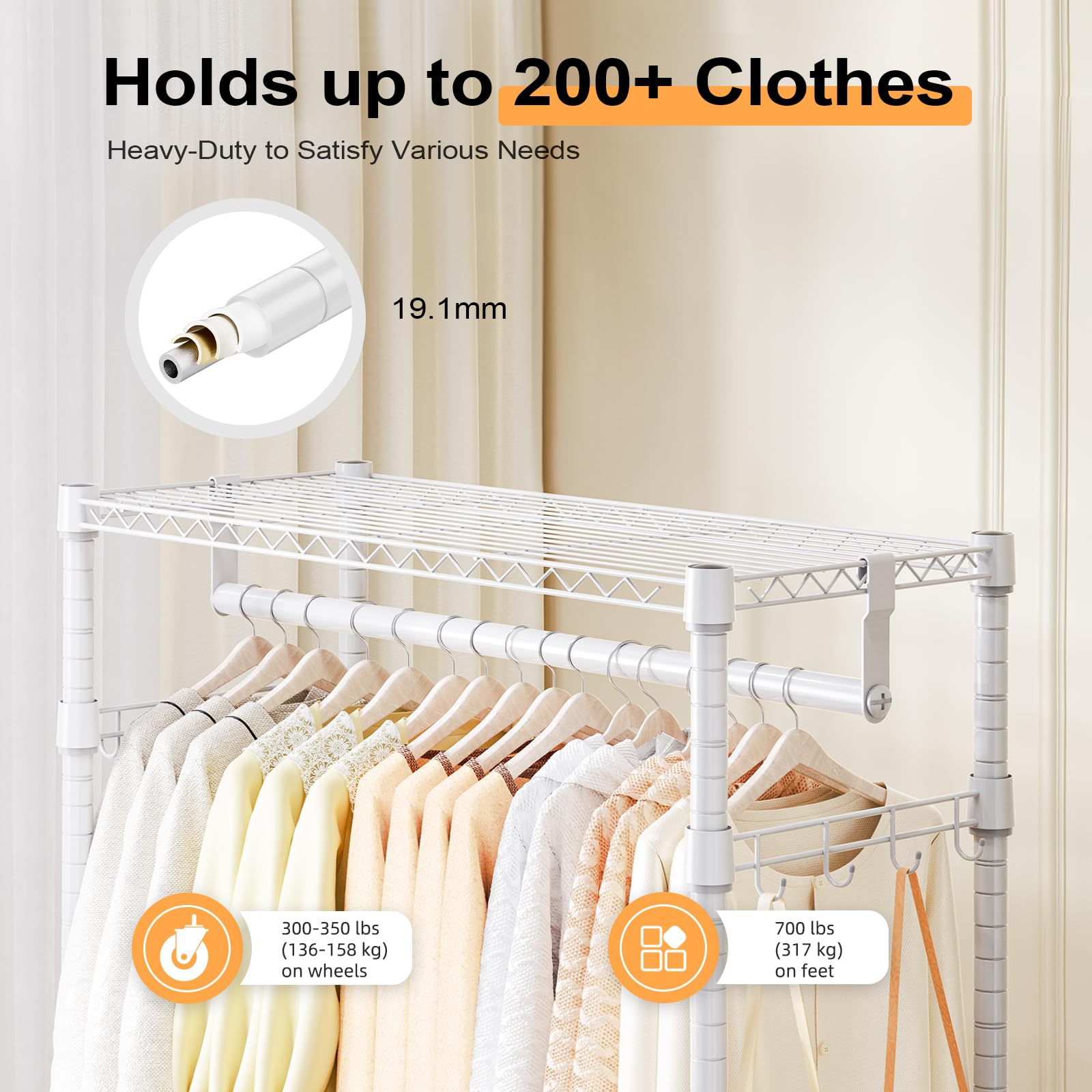 Heavy Duty Rolling Garment Rack 3 Tiers Adjustable Wire Shelving Clothes Rack with 2 Rods and Side Hooks