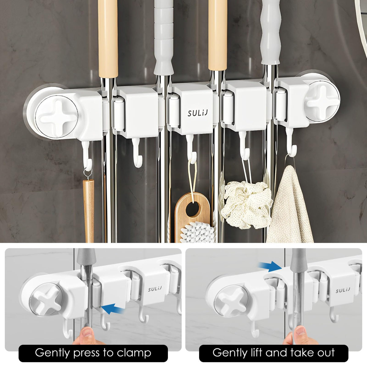 Broom Holder Wall Mount Sturdy Mop and Broom Organizer with 4 Racks and 5 Hooks Vacuum Suction Cup Broom Mop Holder for Home