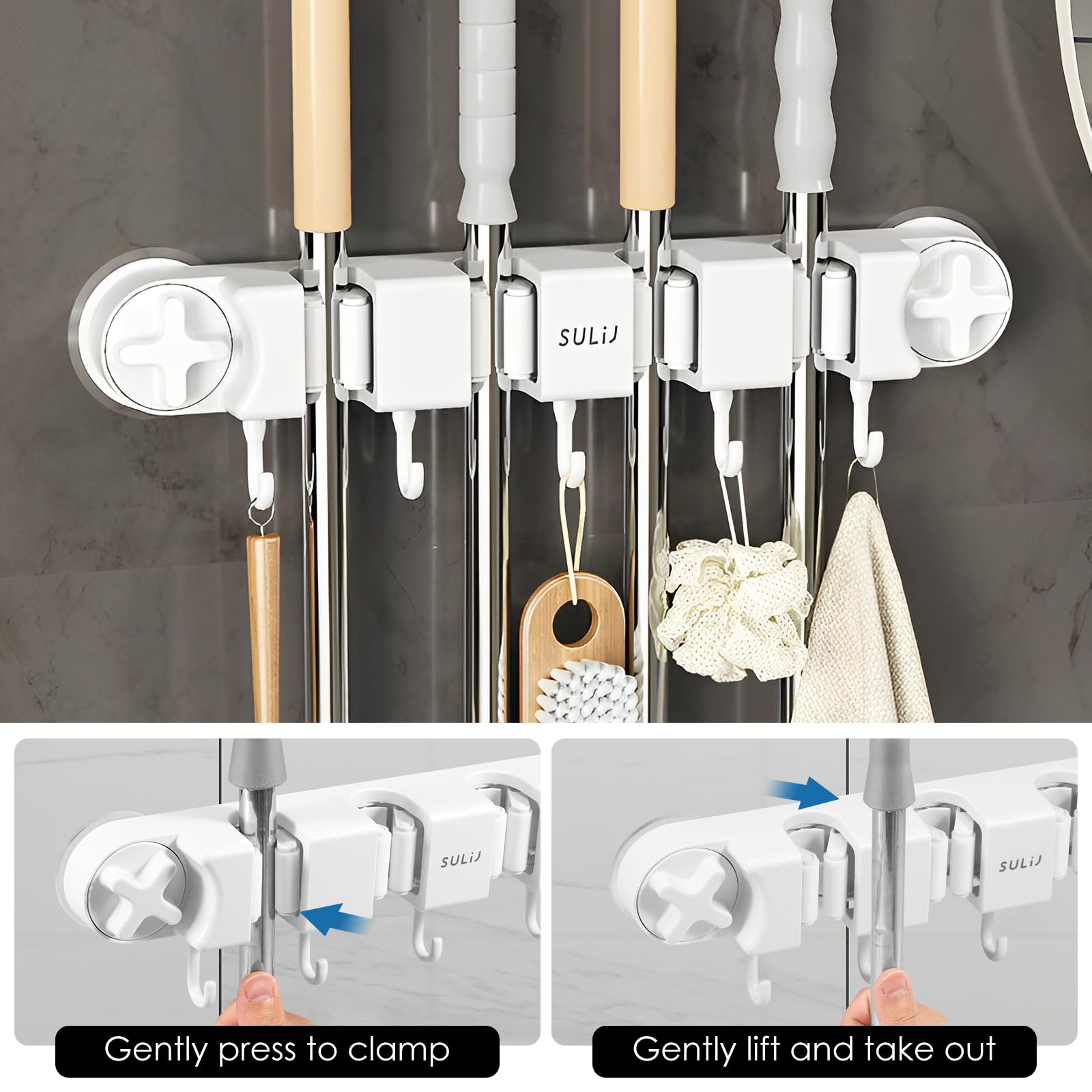 Broom Holder Wall Mount Sturdy Mop and Broom Organizer with 4 Racks and 5 Hooks Vacuum Suction Cup Broom Mop Holder for Home
