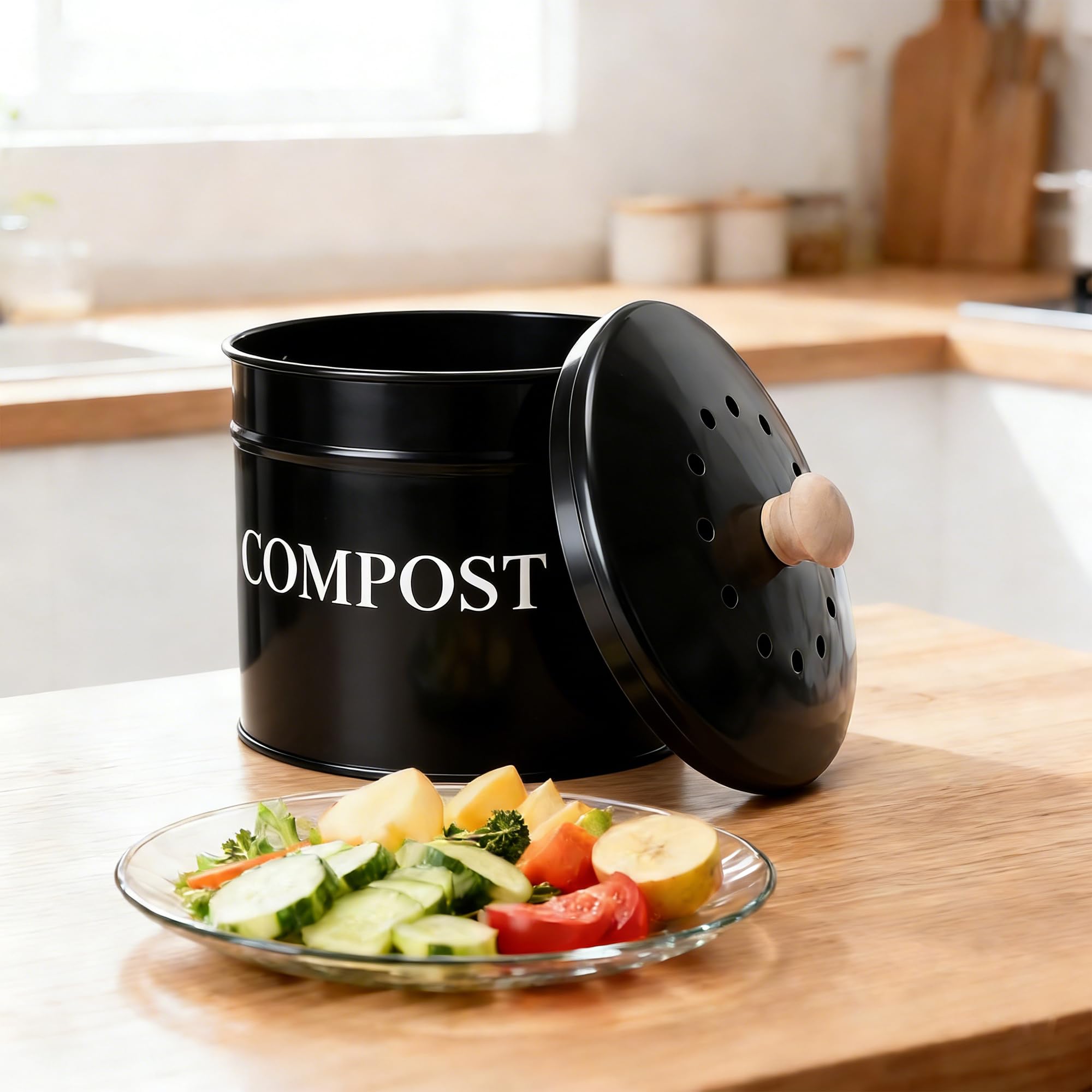 Compost Bin 1 Gallon Countertop Composter with Lid and Charcoal Filters
