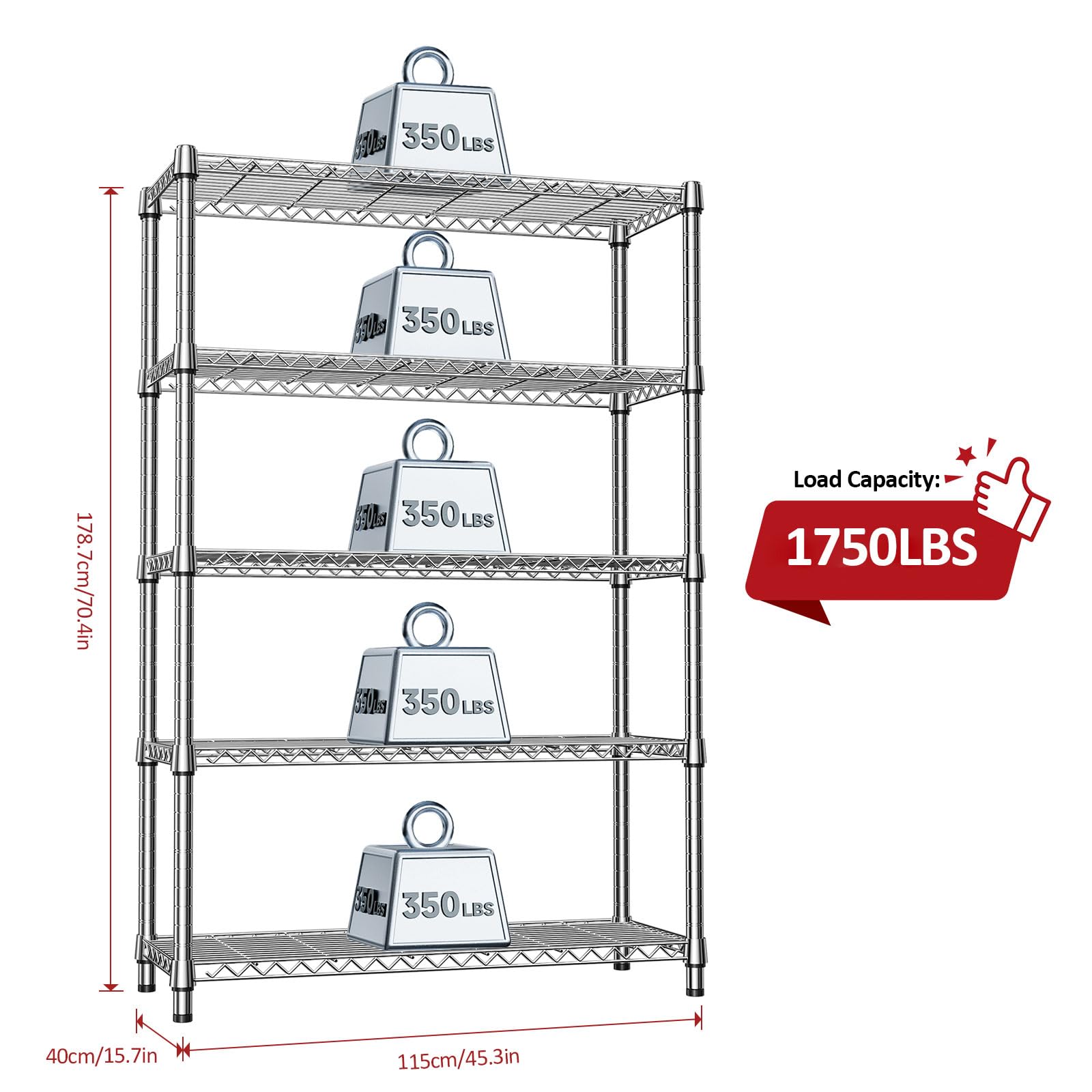 1750LBS Garage Shelving Wide Storage Shelves 5 Tier Metal Shelves Heavy Duty Adjustable Utility Shelf Rack