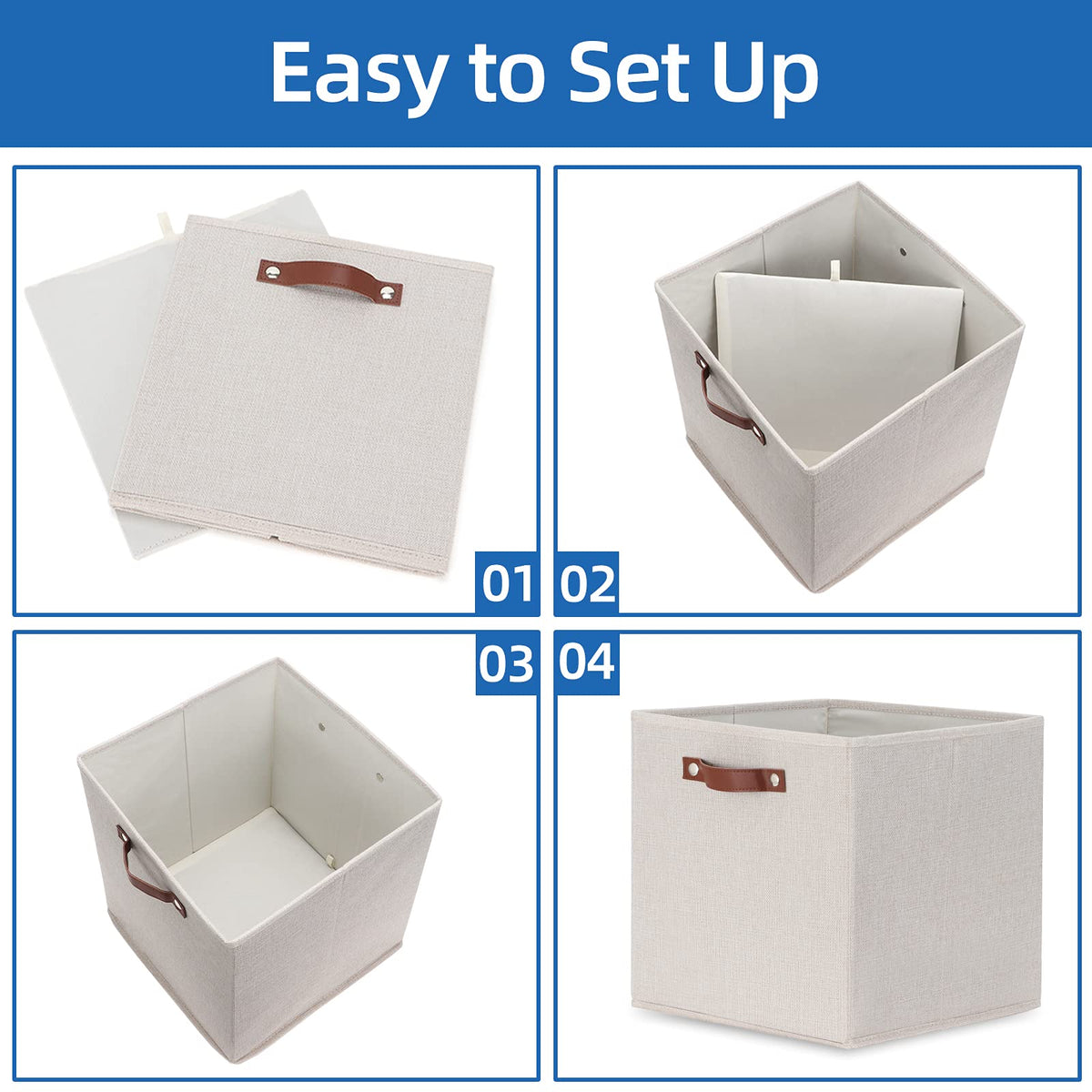 Fabric Storage Cubes Storage Bins with Dual Leather Handles (4 Count)