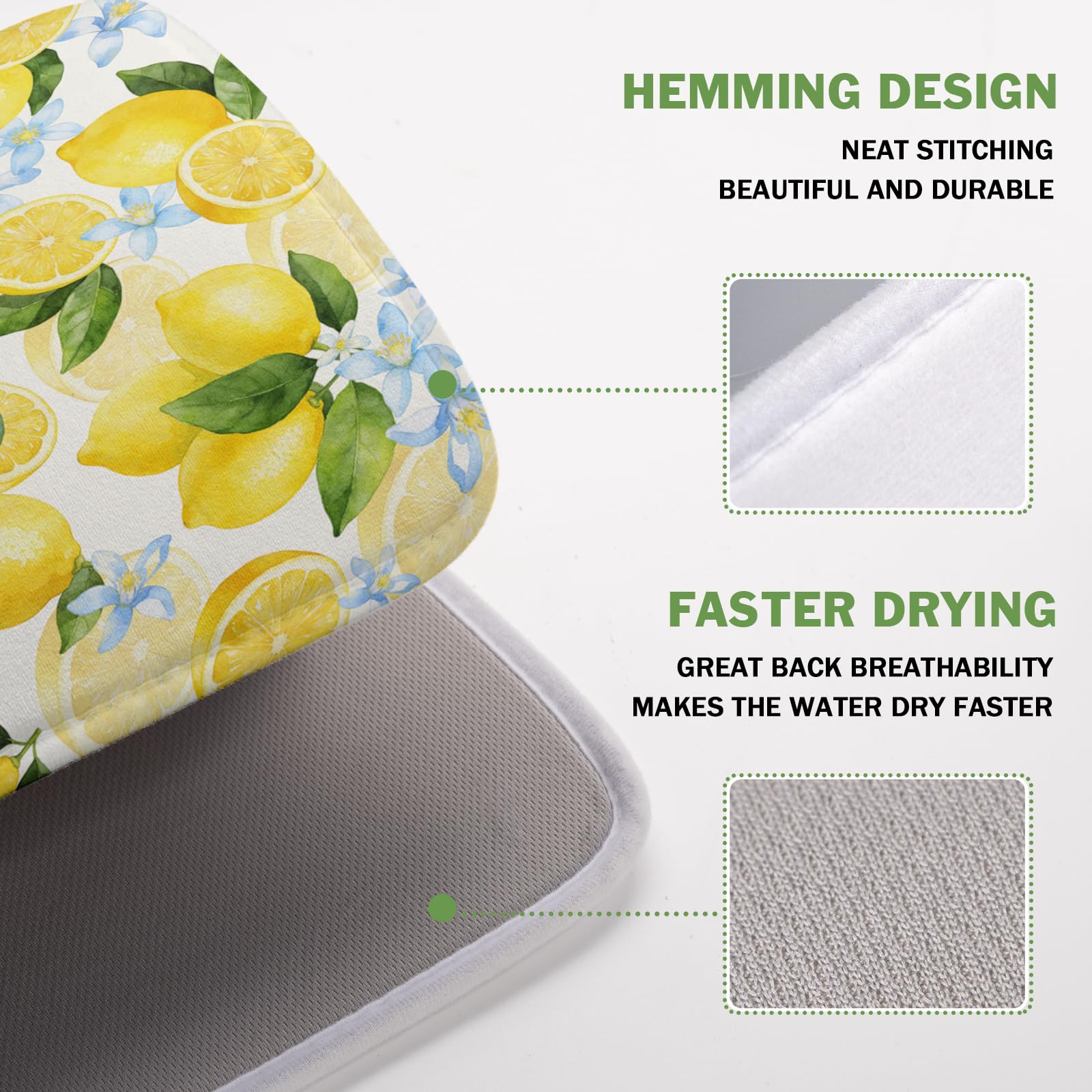 Lemon Dish Drying Mat 16x18 Inch Absorbent Reversible Summer Drying Mat Floral Lemon Fruits Dish Drying Rack Mat Yellow Summer Themed Dish Drainer Mat for Kitchen Counter Coffee Bar