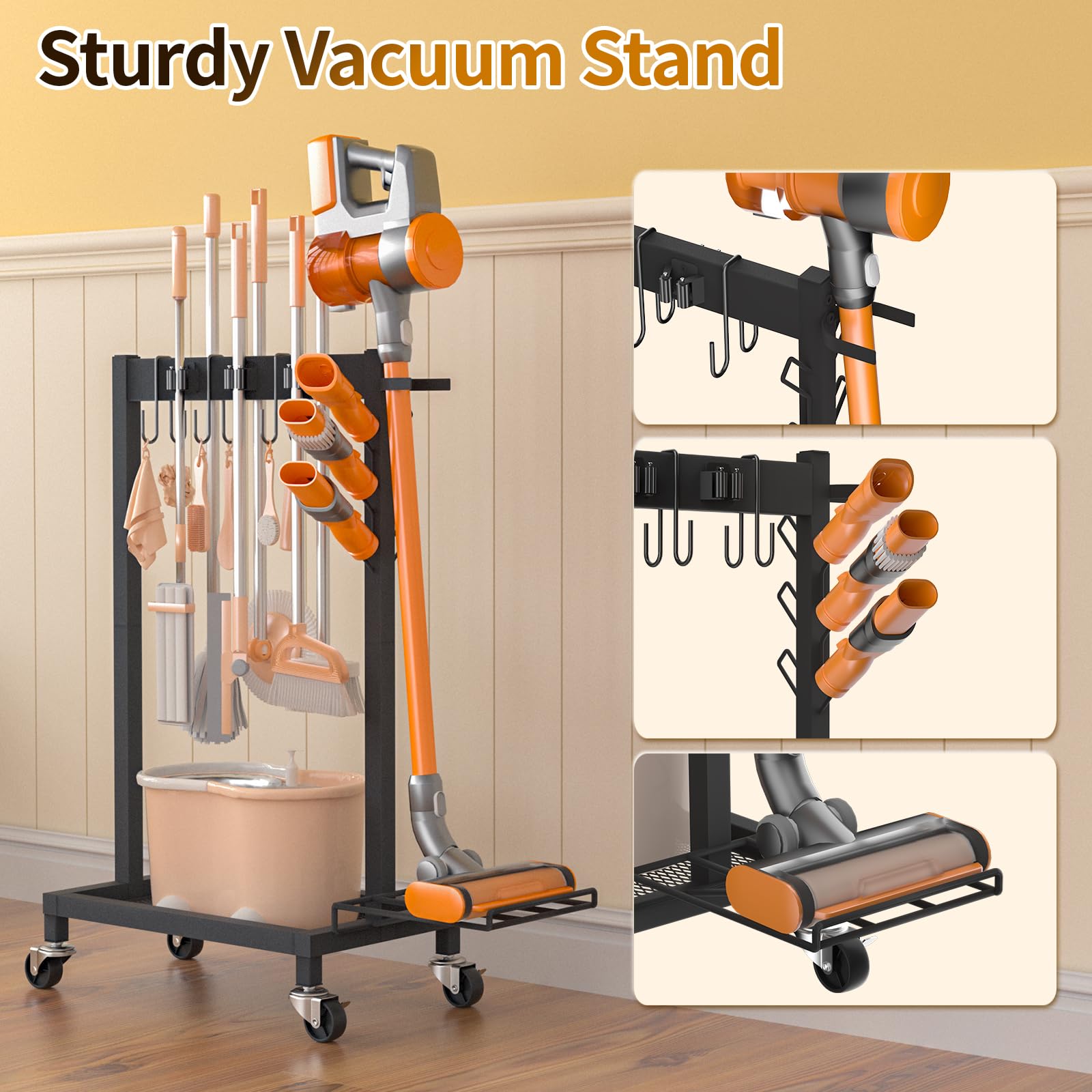 Broom Holder with Cleaning Supplies Organizer