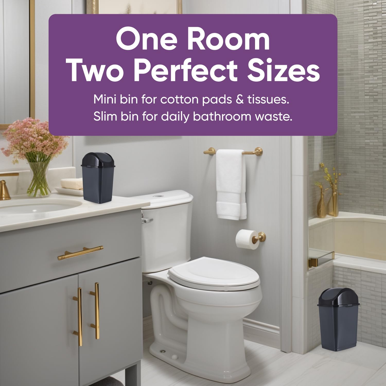 Mini 1.25 Gallon and Small 2.5 Gallon Plastic Trash Cans with Swing Top Lid (2 Count)