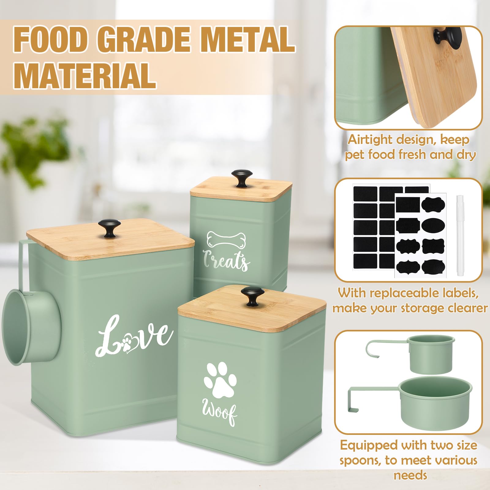 Metal Dog Treat Containers Set of 3 with Bamboo Lids and Spoon Airtight 7+3+2 lbs Dog Food Snack Jars with DIY Labels Big Pet Cookie Storage Jar for Kitchen Counter (3 Count)
