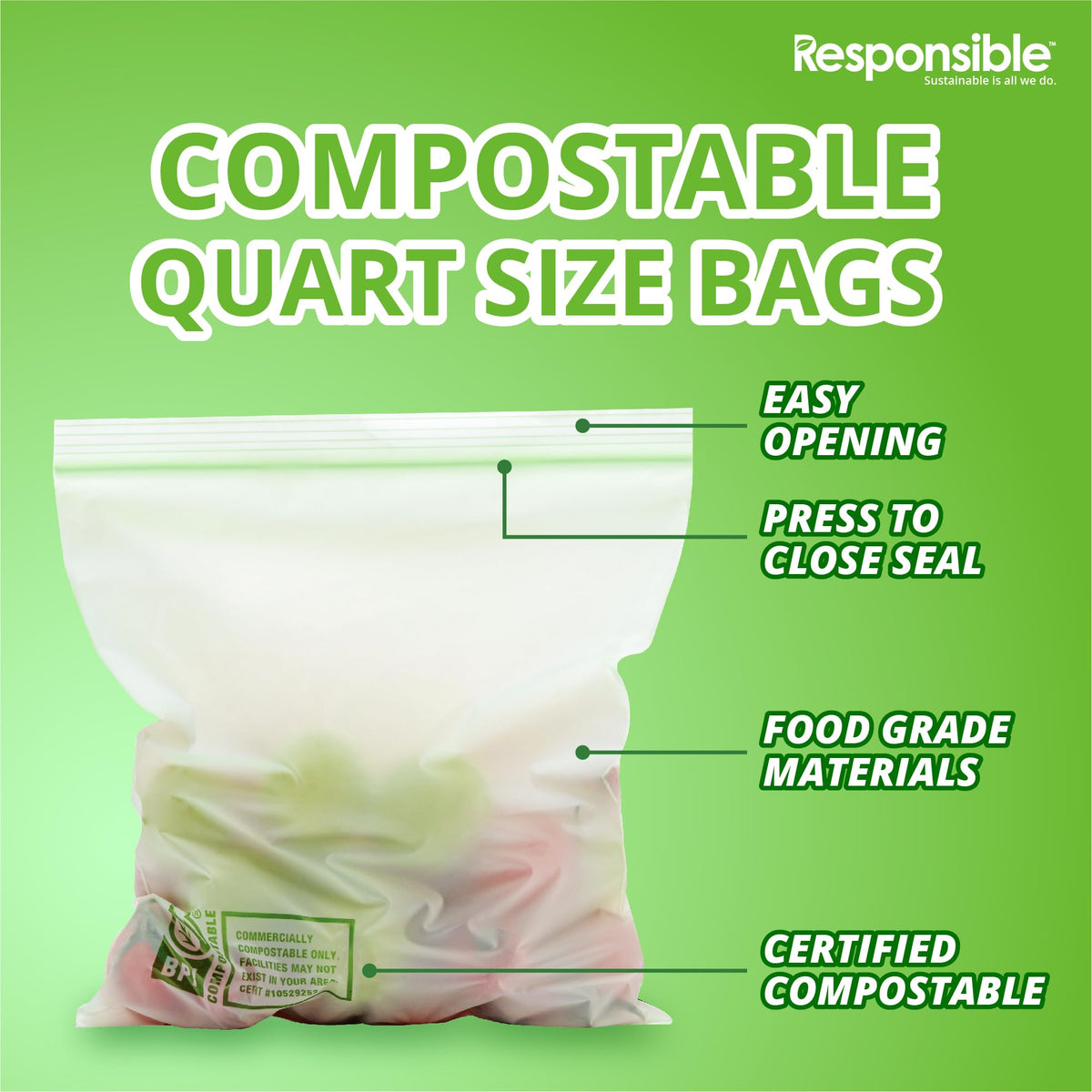 Certified Compostable QUART Resealable Zip Bag (26 Count)
