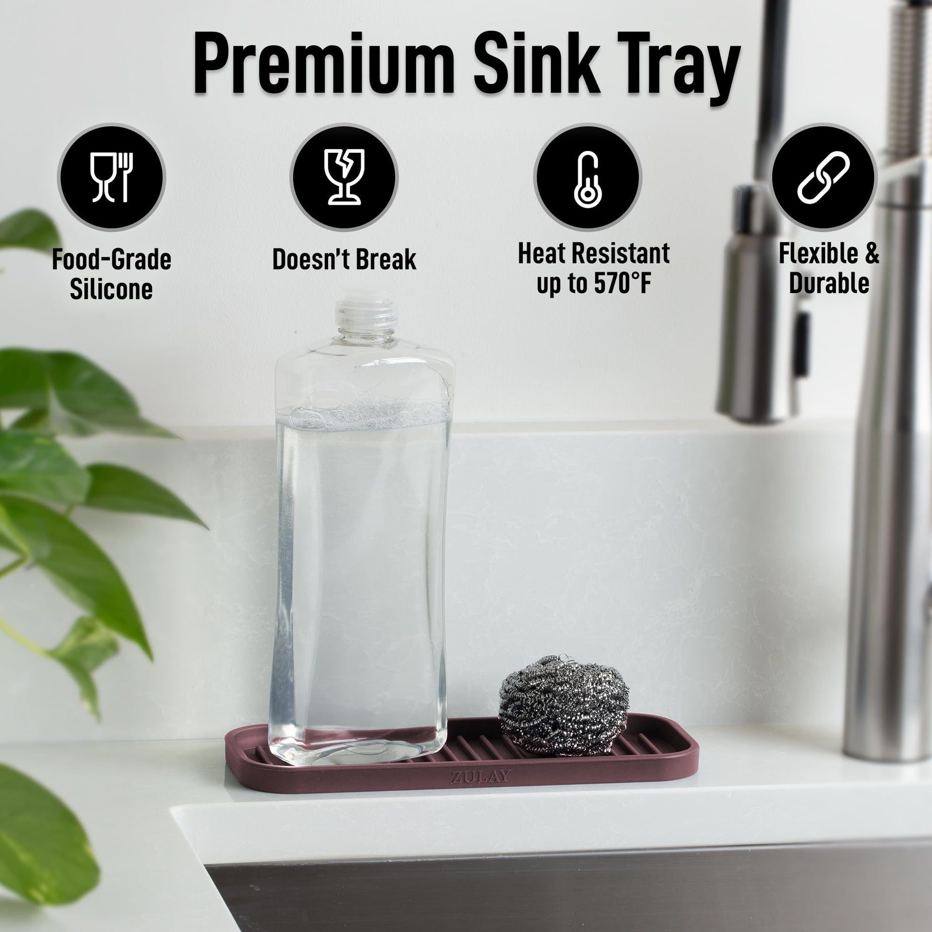 9x3.5) Silicone Sponge Holder for Kitchen Sink - Flexible Multipurpose Soap Tray - Sink Organizer for Kitchen, Bathroom, Makeup, Trinkets & More (Dark Mahogany)