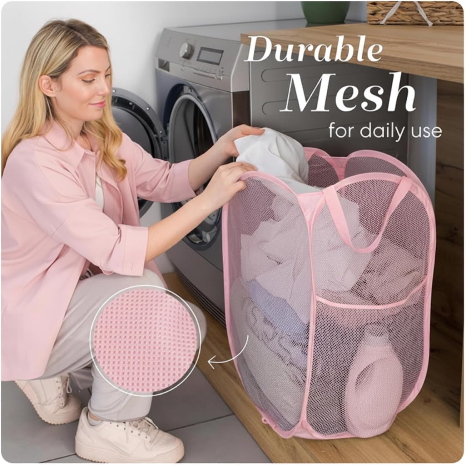 Collapsible Mesh Pop Up Laundry Hamper with Side Pocket