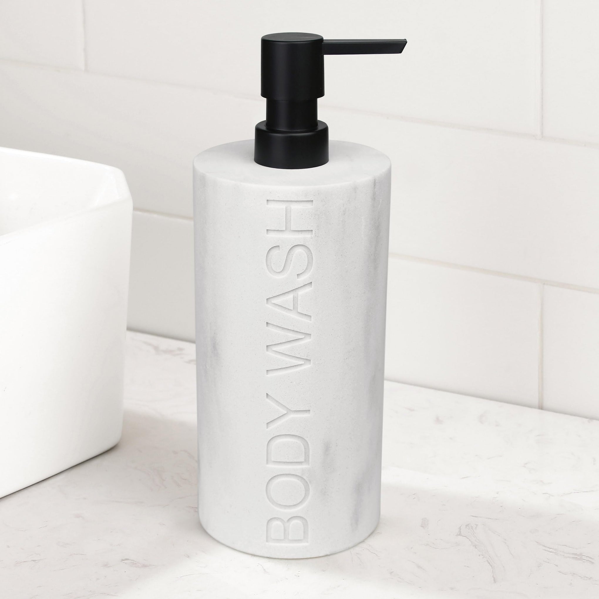 Resin White Marbled Body Wash Engraved Bottle Refillable Pump Dispenser