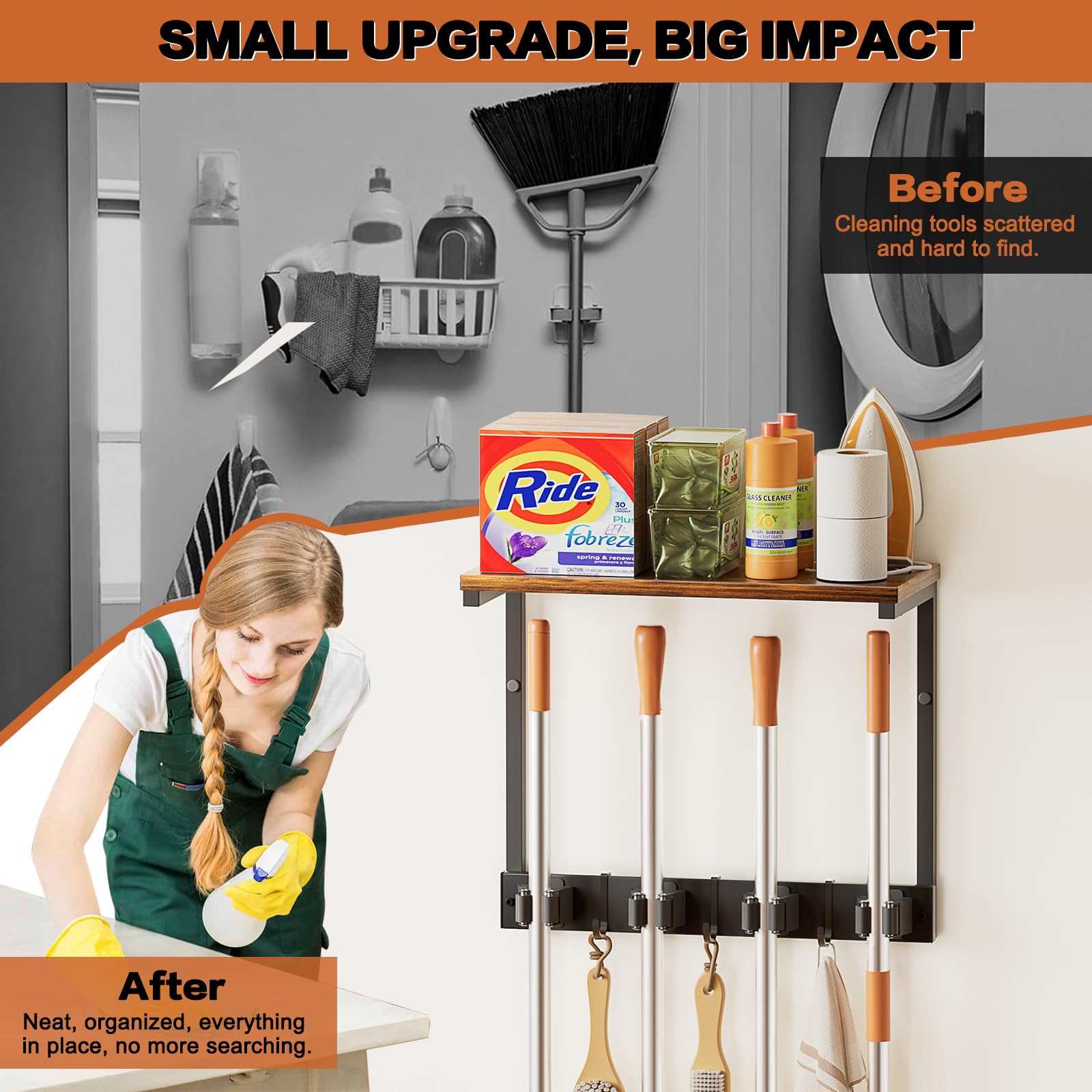 Broom Holder Wall Mount with Cleaning Supplies Organizer