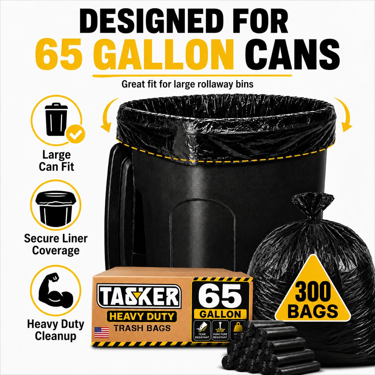 300 Bags, 64-65 Gallon Trash Bags Heavy Duty, Large Black Garbage Bags, Wide Mouth Trash Can Liners for 60, 64, 65 and 70 Gallon Cans to Fit Toter Cart Liners for Outdoor Lawn Yard Cleanup (300 Count)