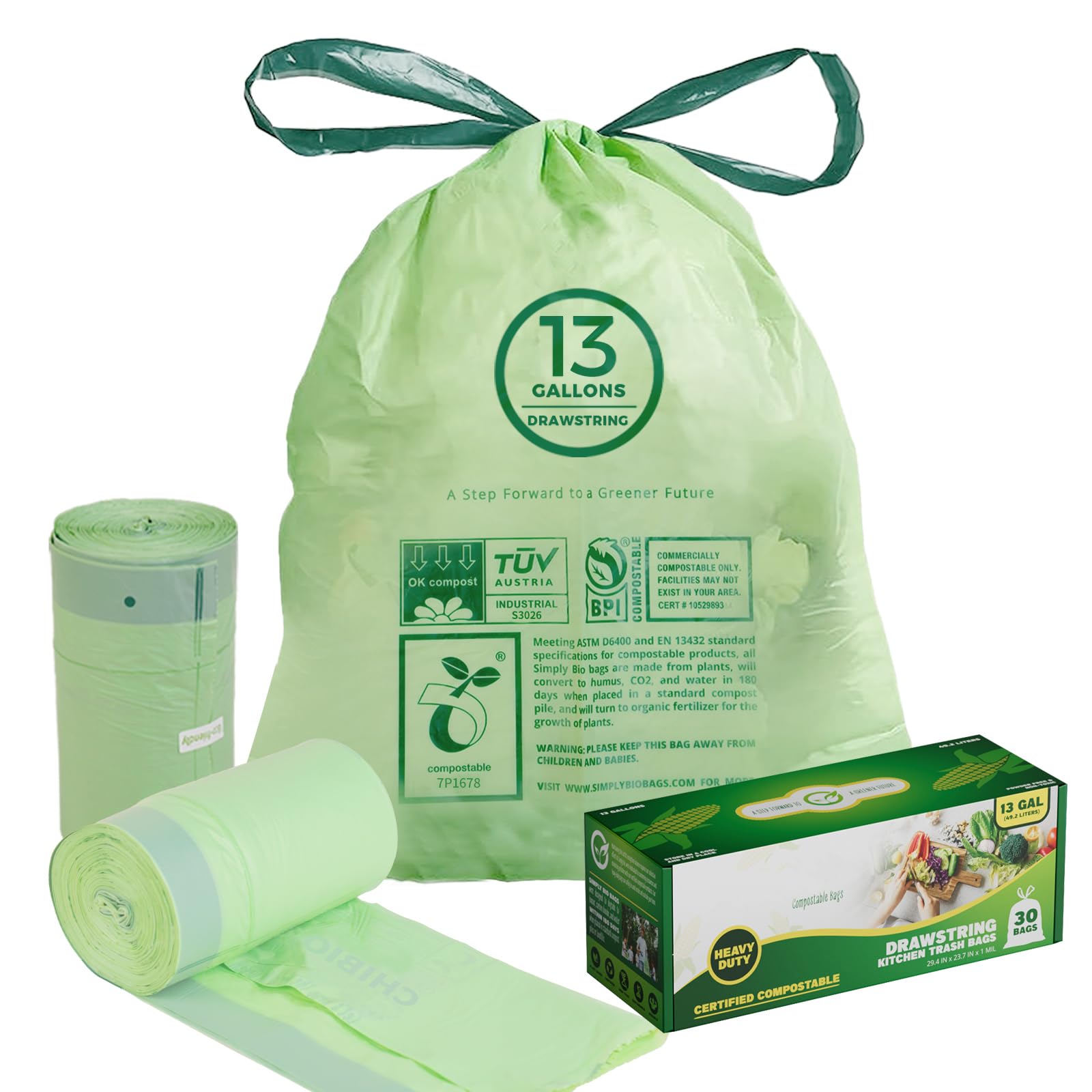 13 Gallon Compostable Trash Bags with Drawstring (30 Count)