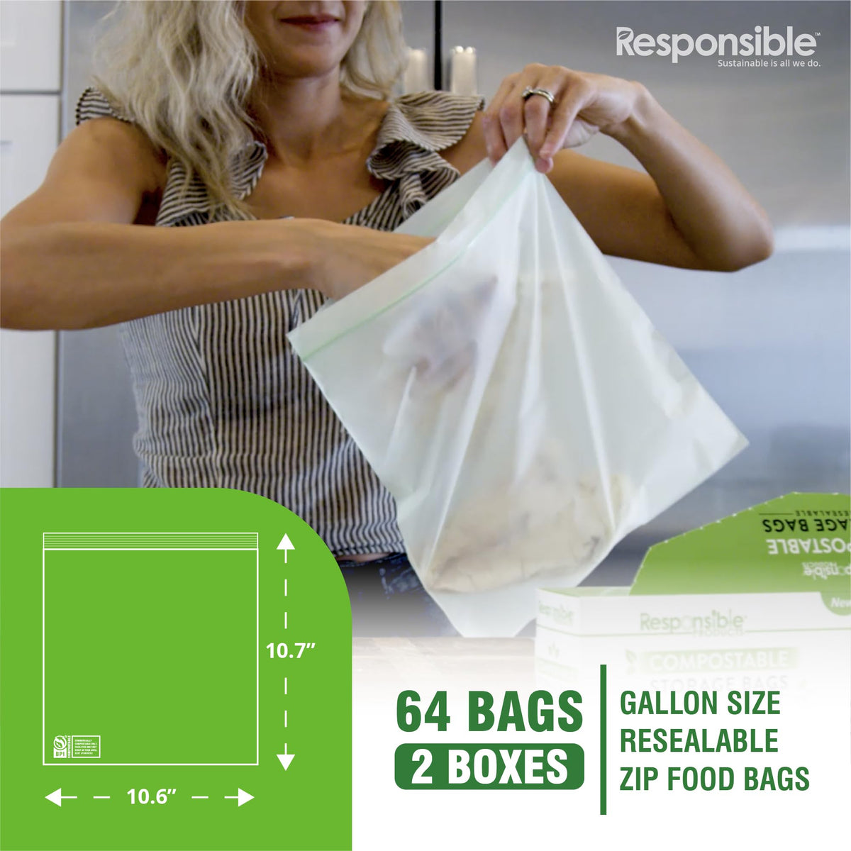 Certified Compostable Large GALLON Resealable Zip Bag