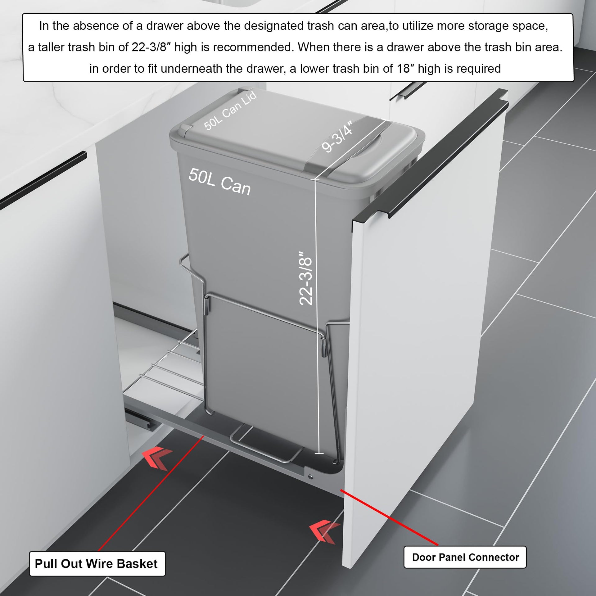 Dowell B15 Aluminum Base Wastebasket Pullout with Door Mount and 50Qt