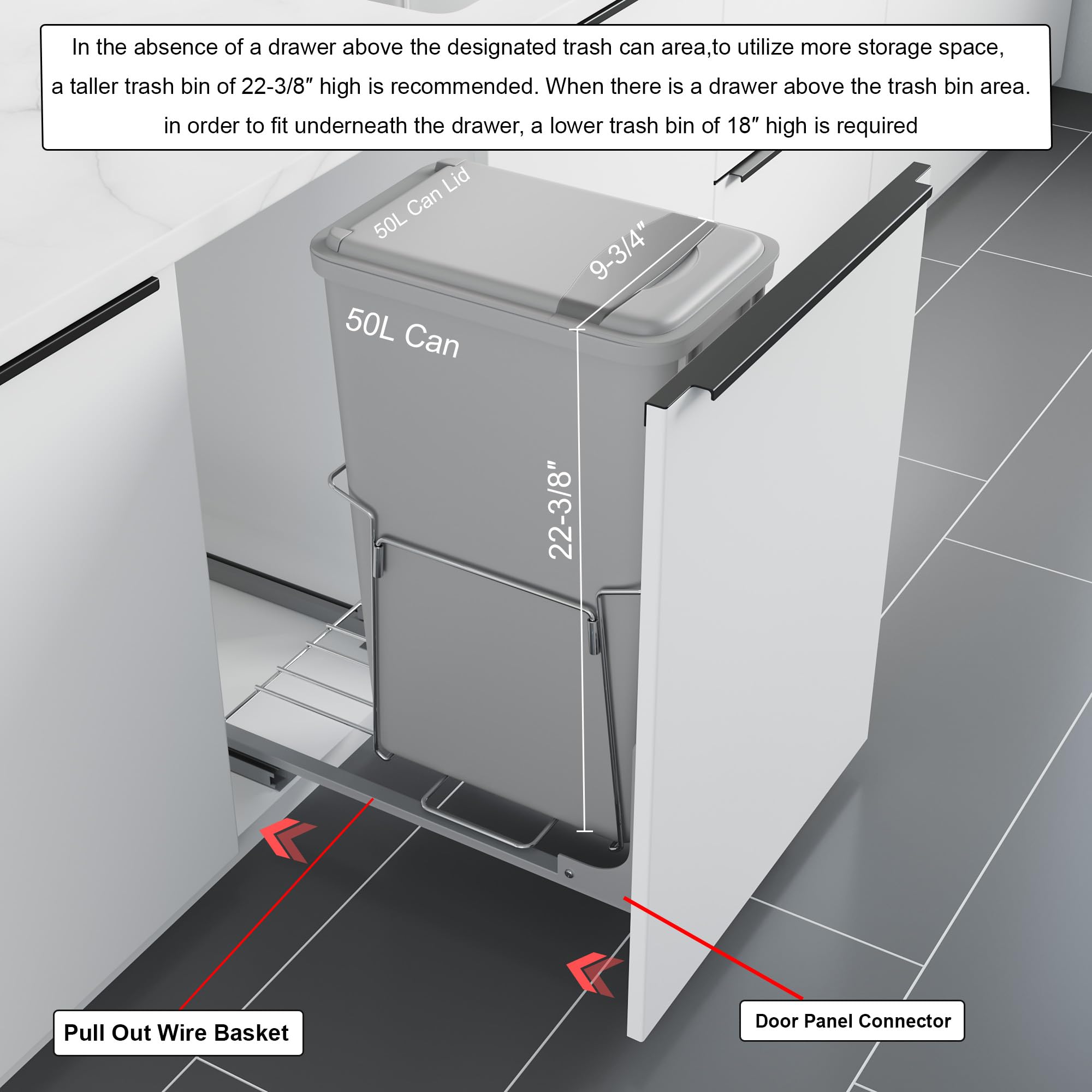 Dowell B15 Aluminum Base Wastebasket Pullout with Door Mount and 50Qt