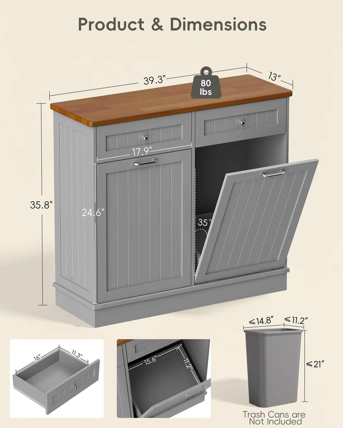 2 x 10 Gallon Tilt Out Trash Cabinet with 2 Big Storage Drawer