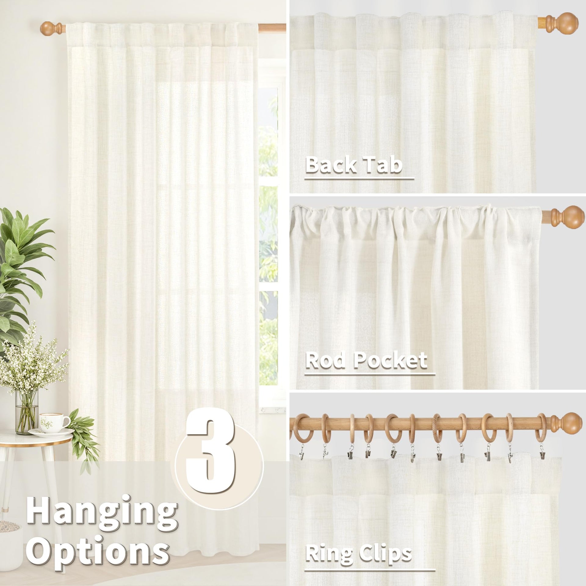 Ivory Linen Curtains 108 Inch Length for Living Room (2 Count)