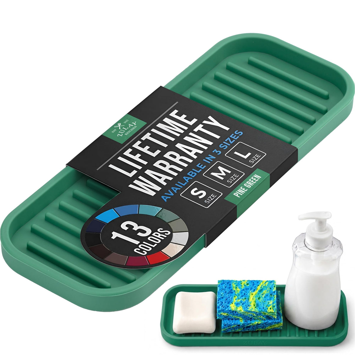 9x3.5) Silicone Sponge Holder for Kitchen Sink - Flexible Multipurpose Soap Tray - Sink Organizer for Kitchen, Bathroom, Makeup, Trinkets & More (Pine Green)