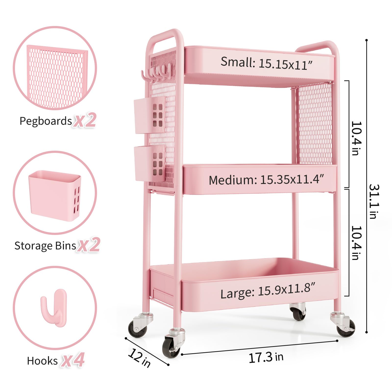 3 Tier Rolling Cart Storage Organizer