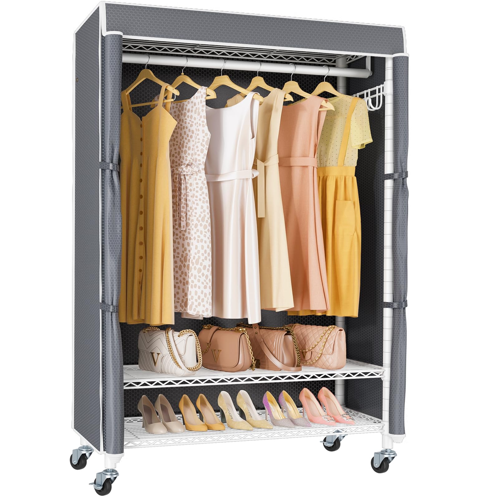 R3C Covered Clothing Rack for Hanging Clothes Rolling Closet