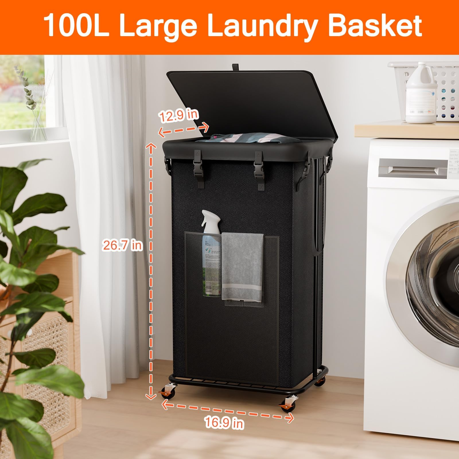 100L Laundry Hamper with Lid & Wheels