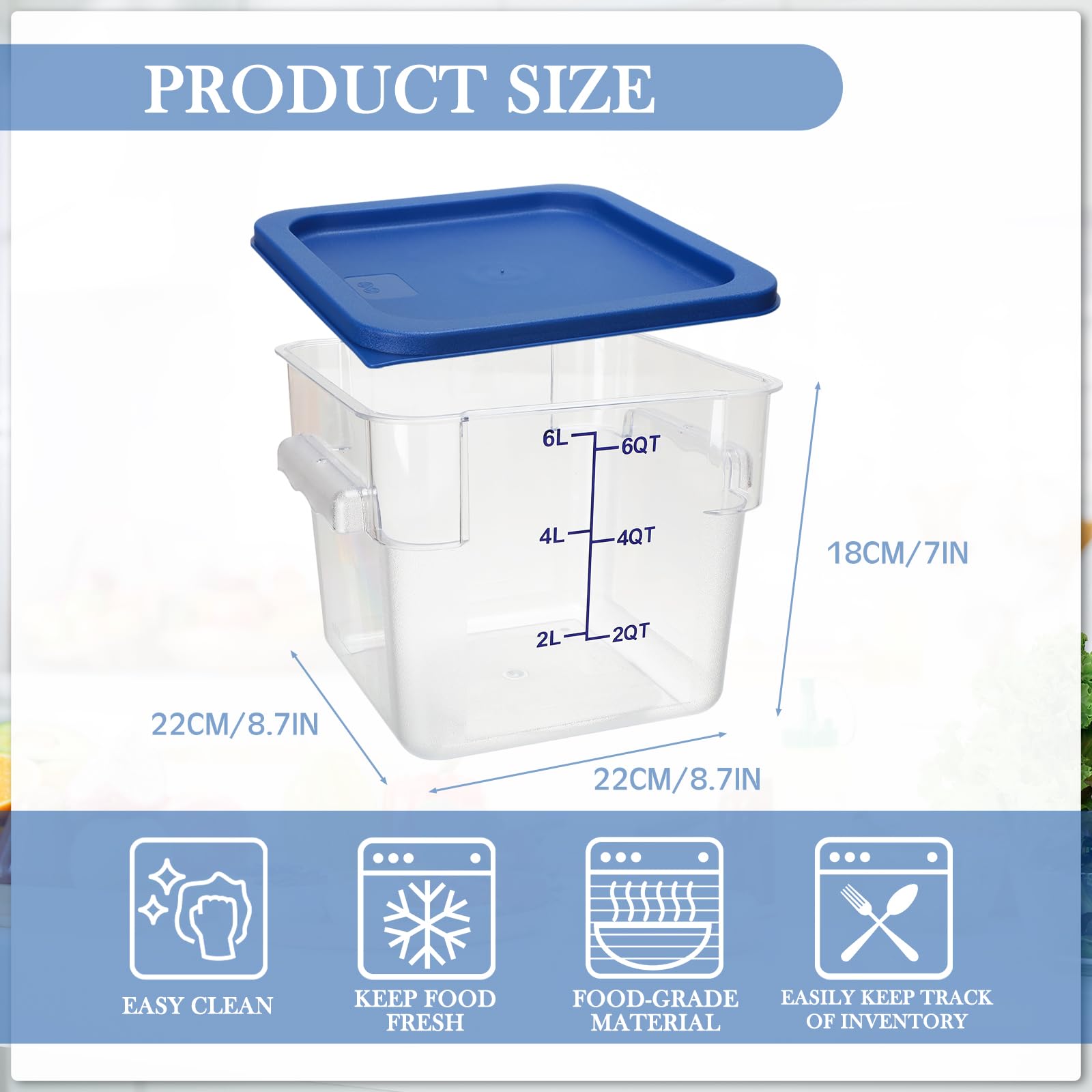 8 Pack 6 Qt Commercial Food Storage Containers with Lids Square Food Storage Container Clear Cereal Storage Containers for Kitchen Freezer Pantry Restaurant Flour Sugar (8 Count)