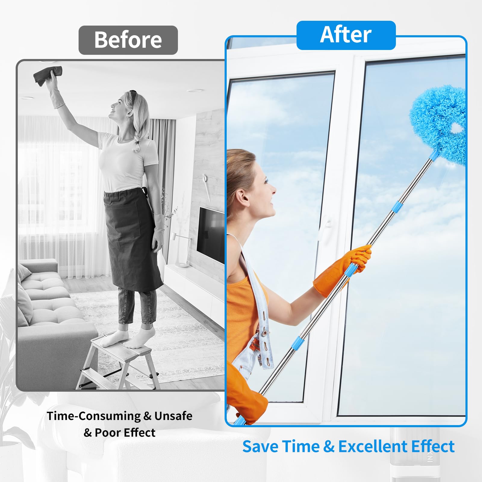 Ceiling Fan Cleaner Duster Reusable Microfiber Removable Duster with Extension Pole Adjusts 12 to 71 Inch for Cleaning Walls Bookshelves Furniture Door Window Top (2 Count)