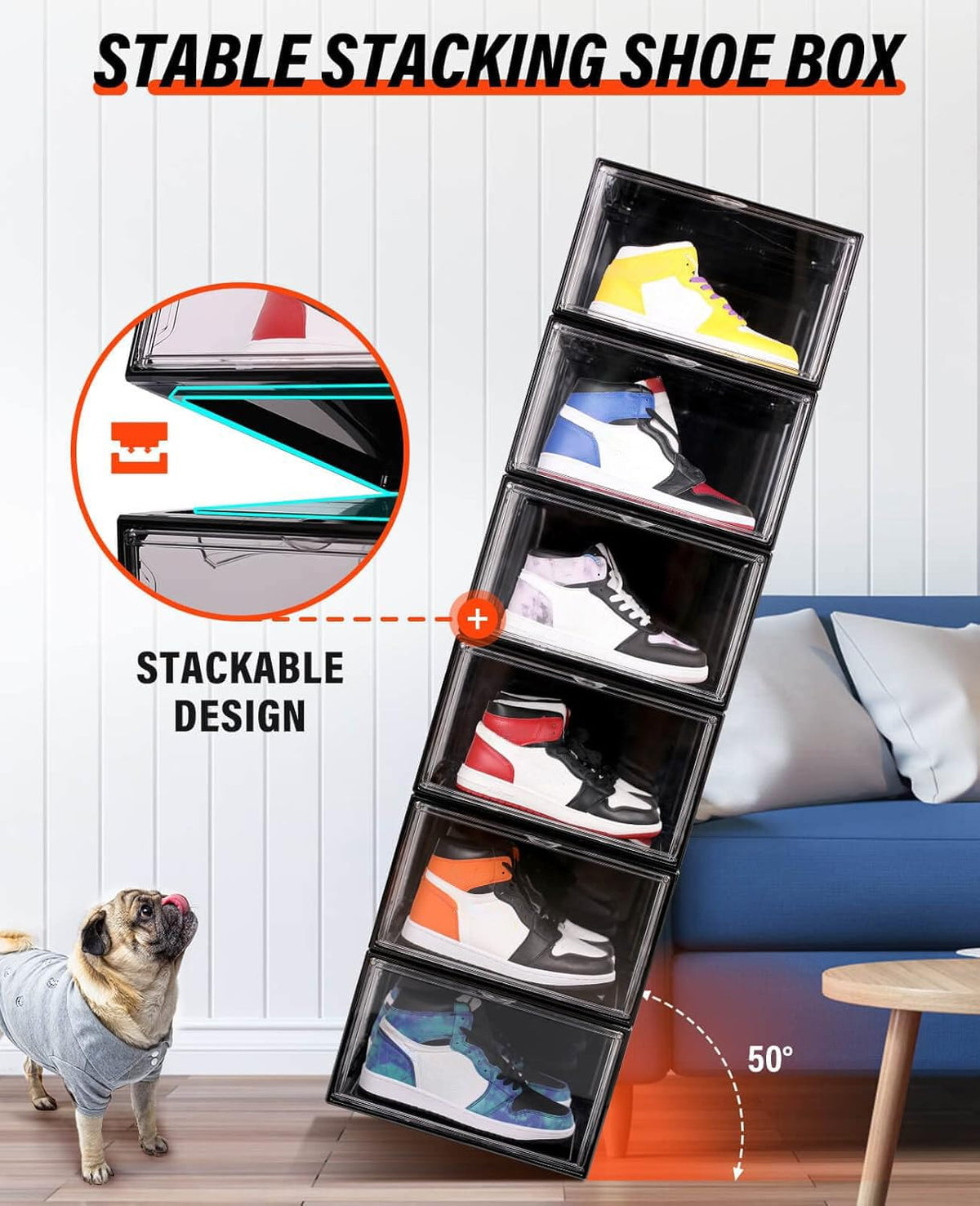 Shoe Boxes Black Plastic Stackable 10 Pack Sneaker Storage Boxes with Magnetic Door (10 Count)