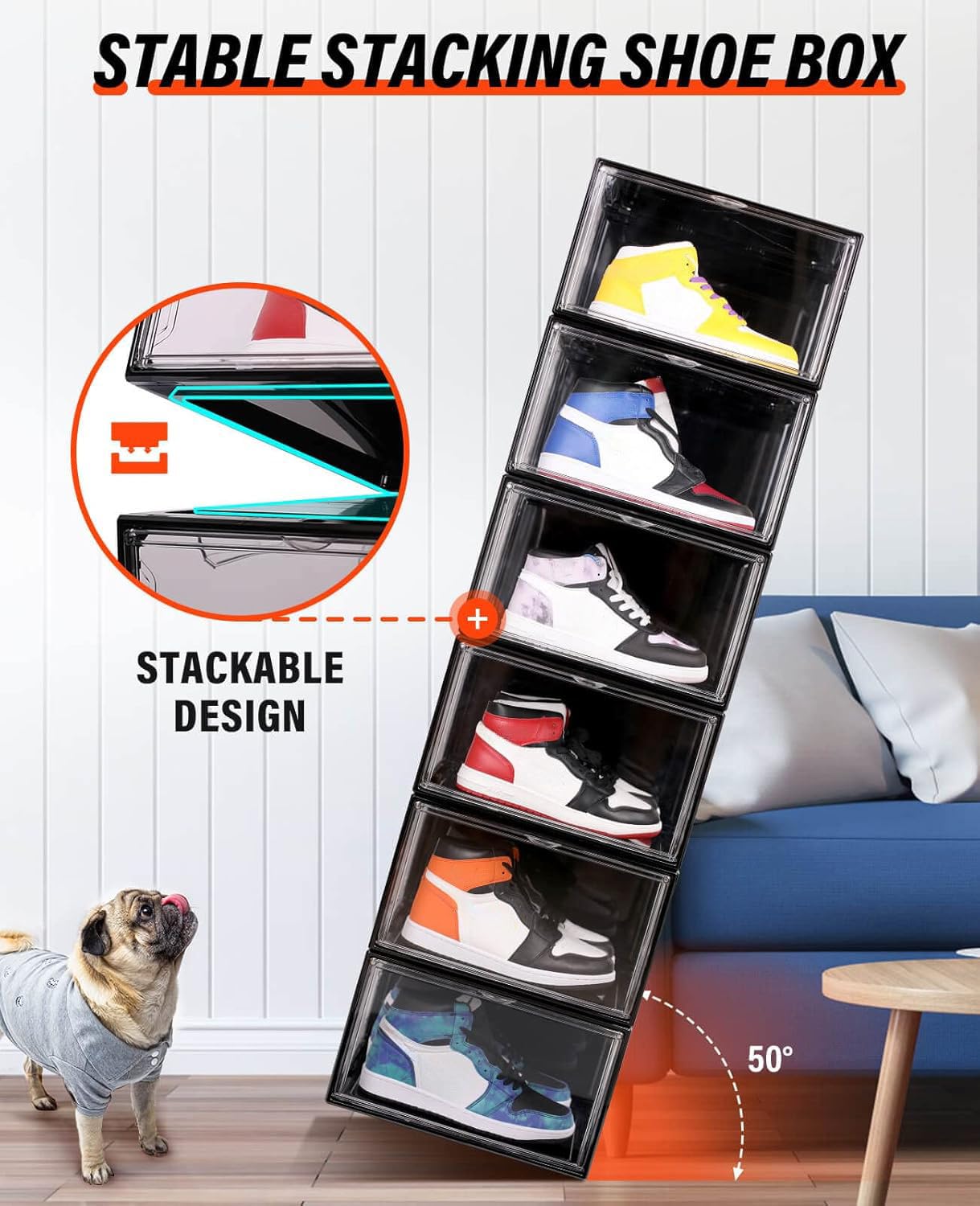 Shoe Boxes Black Plastic Stackable 10 Pack Sneaker Storage Boxes with Magnetic Door (10 Count)