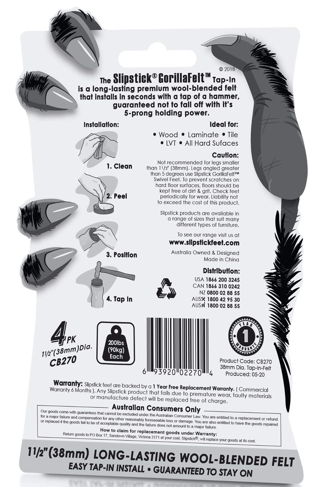 GorillaFelt CB270 Furniture Feet Floor Protectors (4 Count)