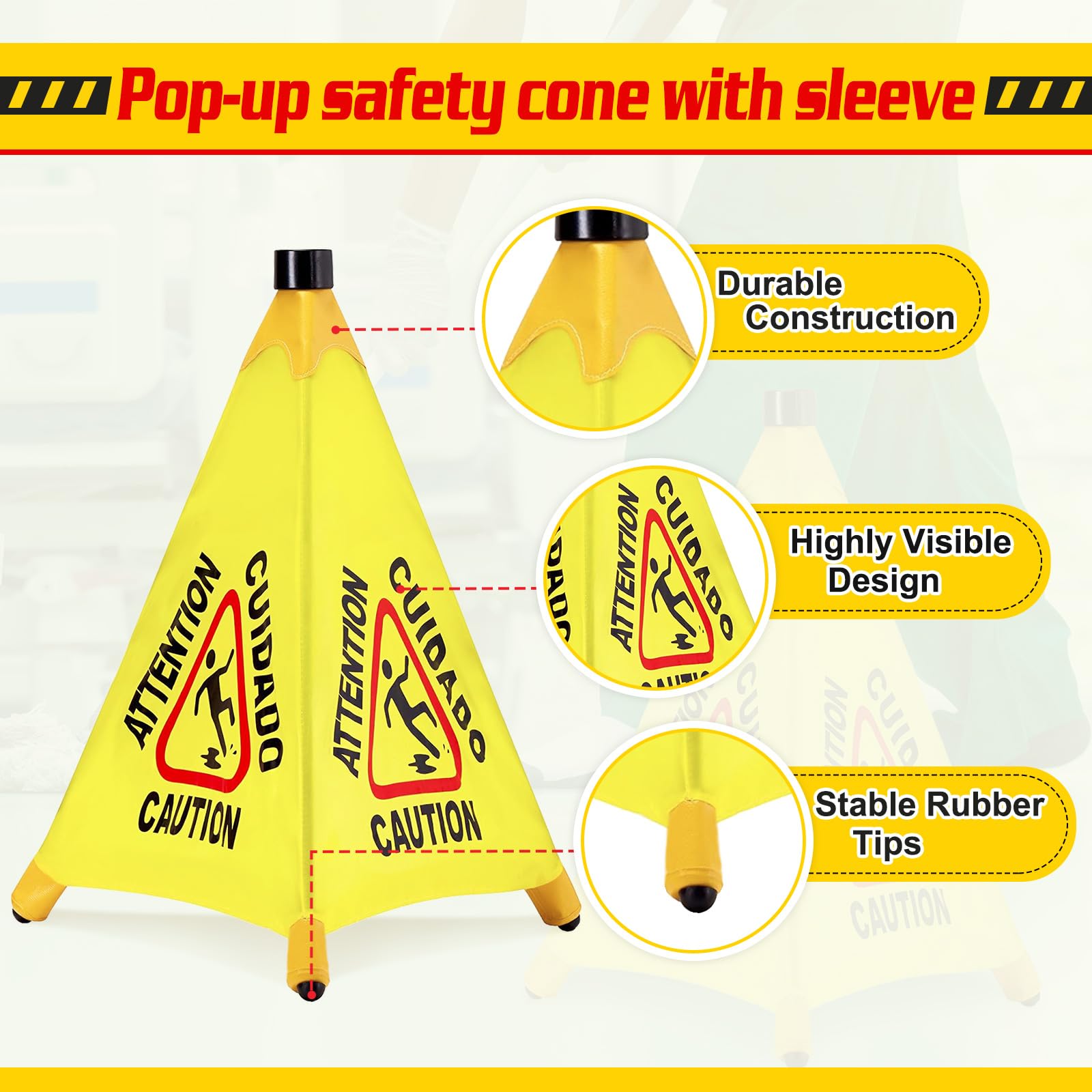 6 Pcs Pop up Wet Floor Sign with Storage Tube 20 Inch Wet Safety Signs Commercial Caution Safety Cone Pop up Caution Sign for Commercial Stores Grocery Restaurant Restroom Office Use (6 Count)