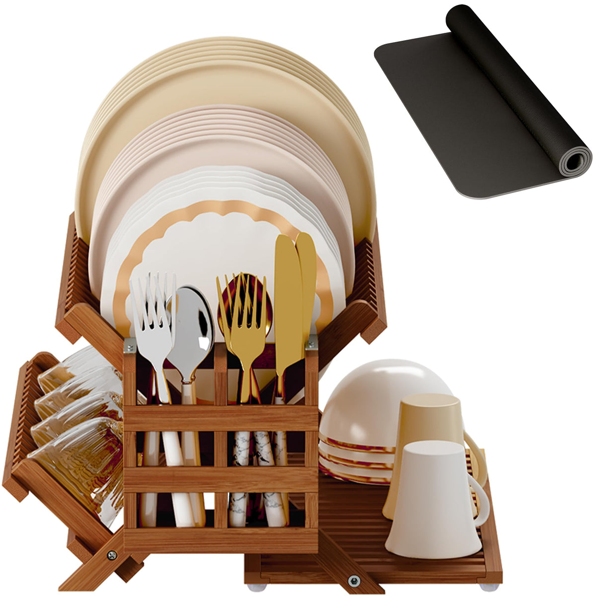 Teak Dish Drying Rack with Utensil Holder