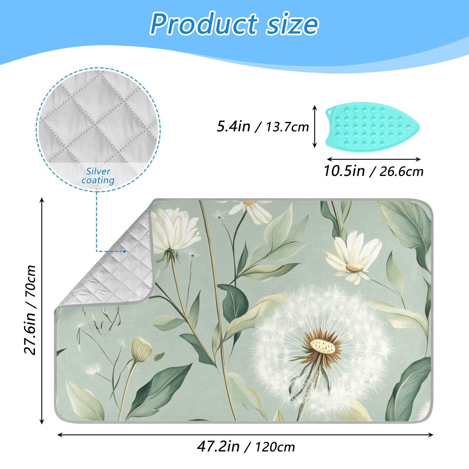 Sage Green Dandelions Ironing Mat Portable Ironing Pad Blanket with Silicone Iron Rest for Table Top Travel Heat Resistant Double