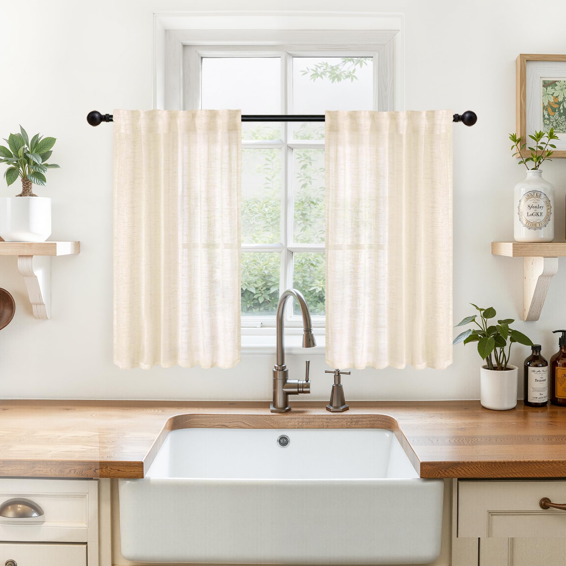 Linen Sheer Kitchen Window Curtains 36 Inch Length Small Drapes (2 Count)