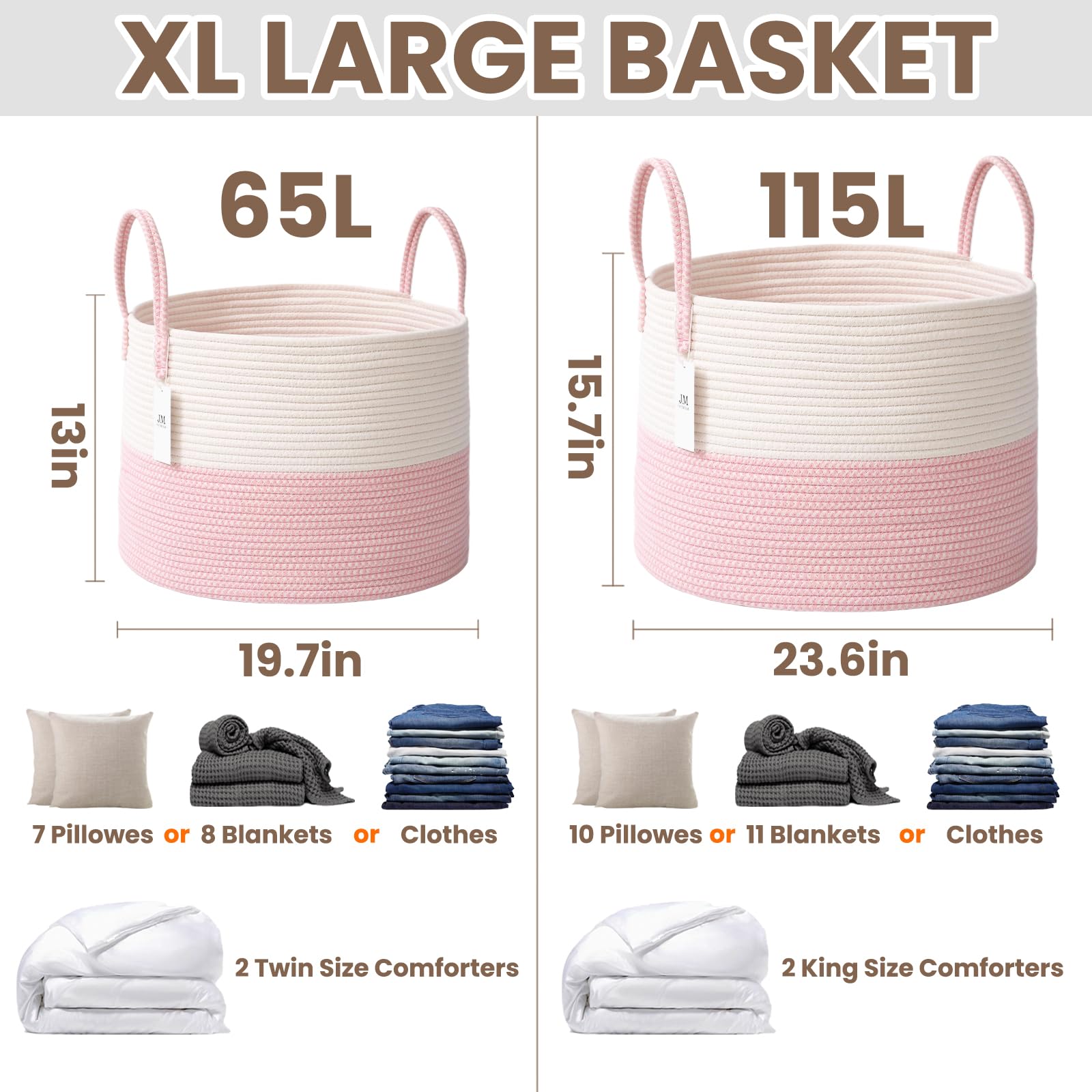 65L Extra Large Machine Washable Cotton Rope Blanket Basket